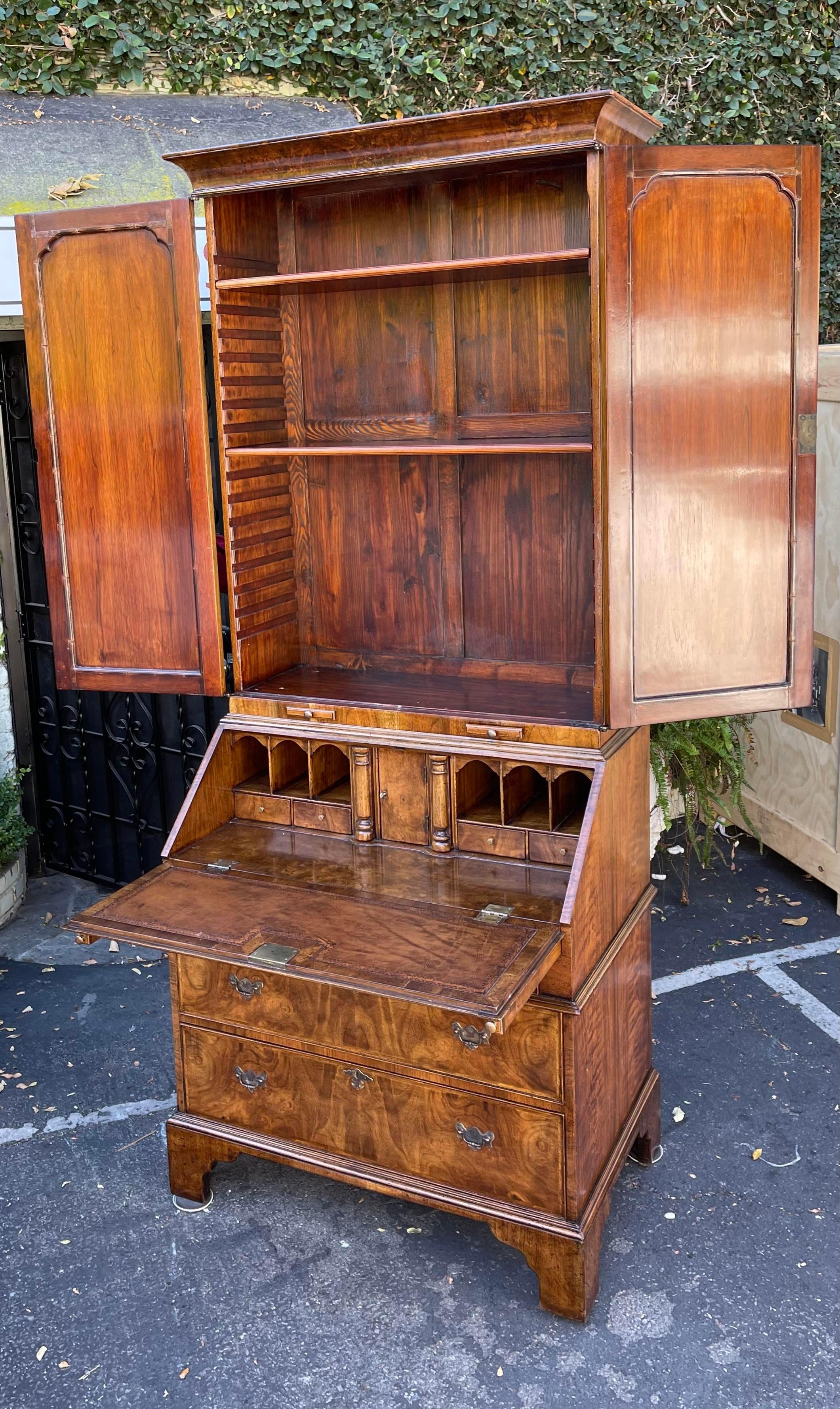 Mahogany George II Style Burton-Ching Walnut Secretary Desk Bookcase Cabinet