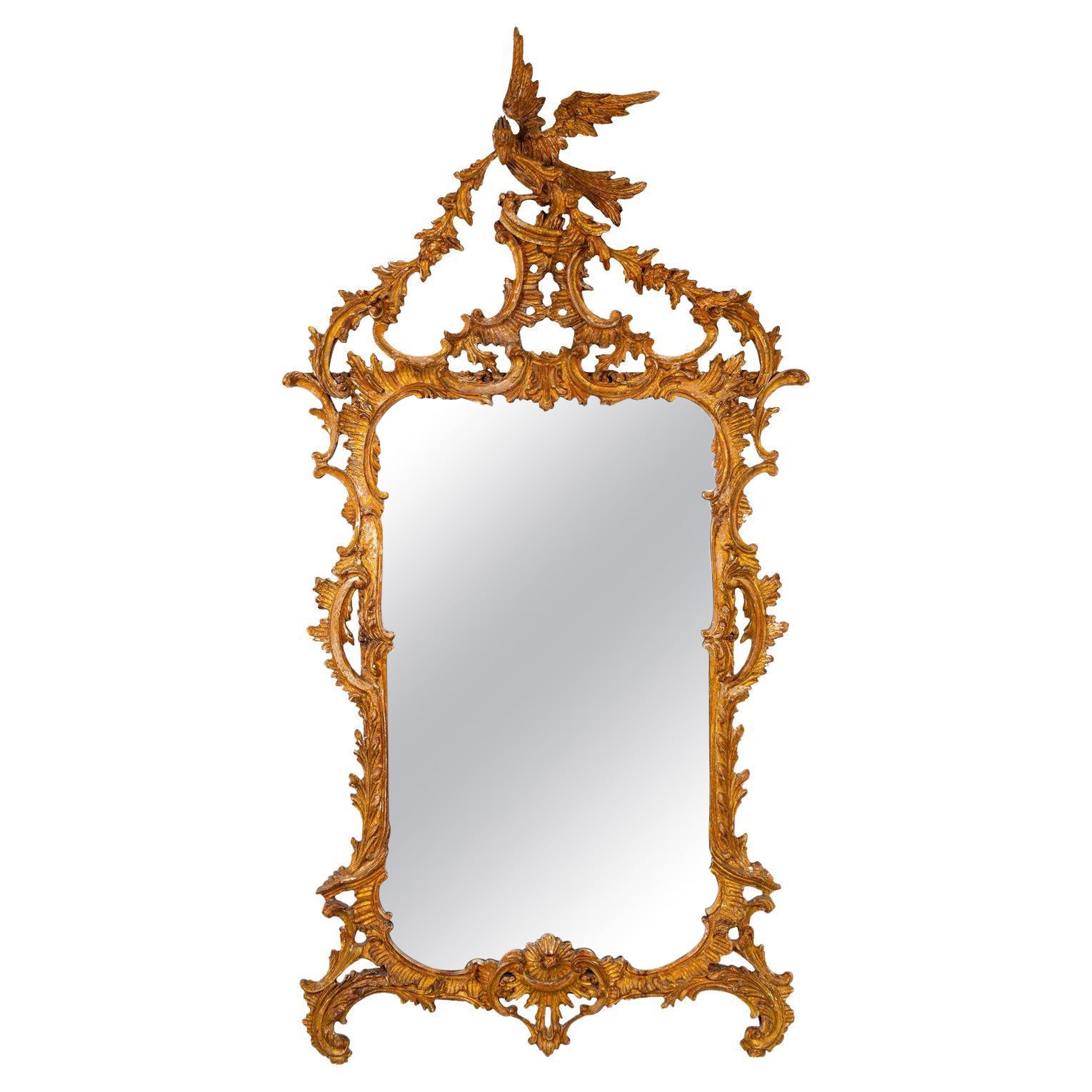 George II Style Carved and Distressed Giltwood Mirror with Eagle, 19th Century