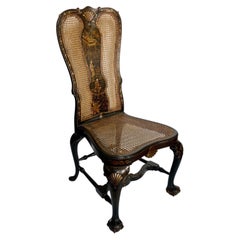George II Style Chinoiserie Japanned Gilt Decorated Ebonized Cane Side Chair