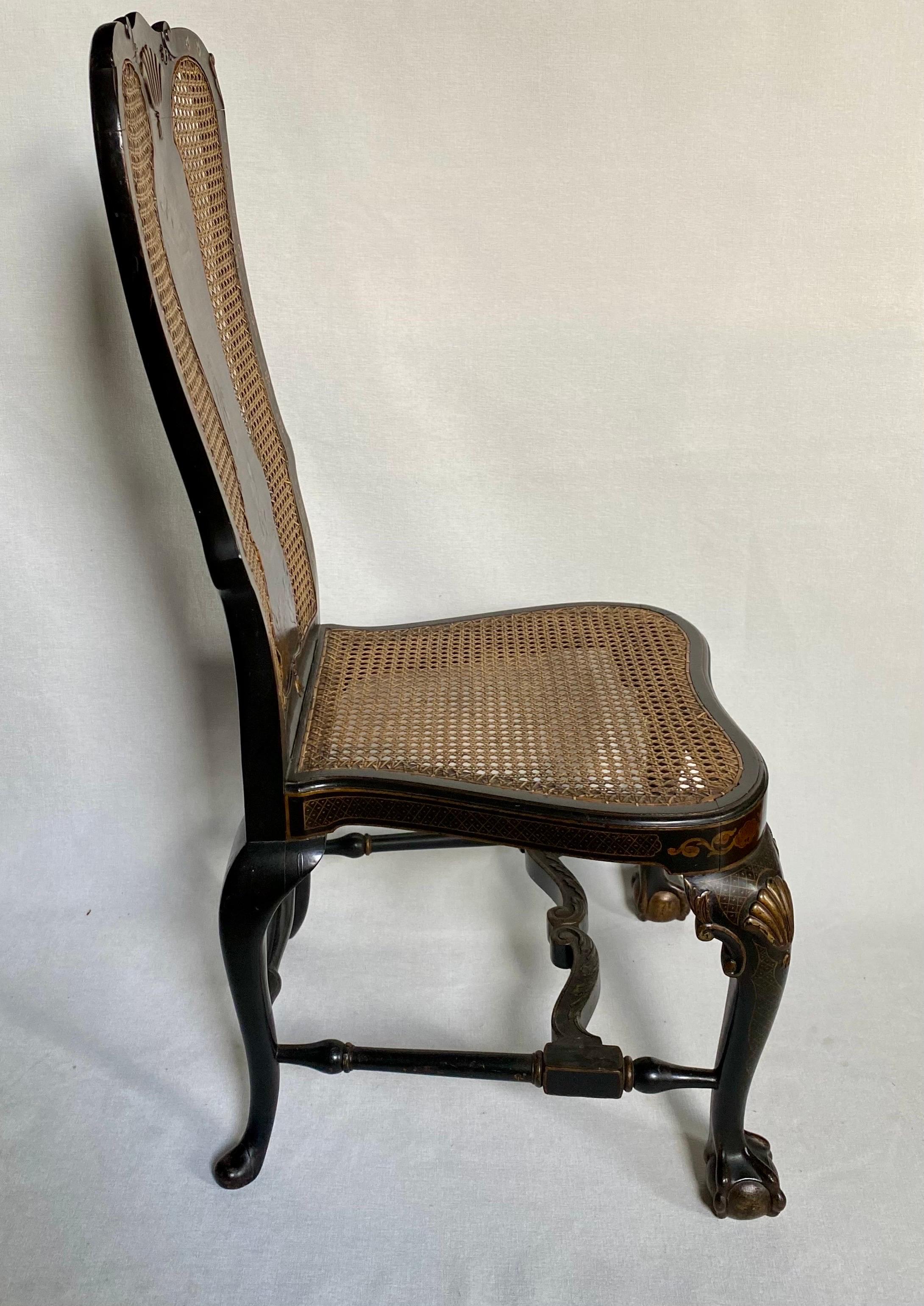 Hand-Painted George II Style Chinoiserie Decorated Ebonized Gilt Accent Side Chair  For Sale