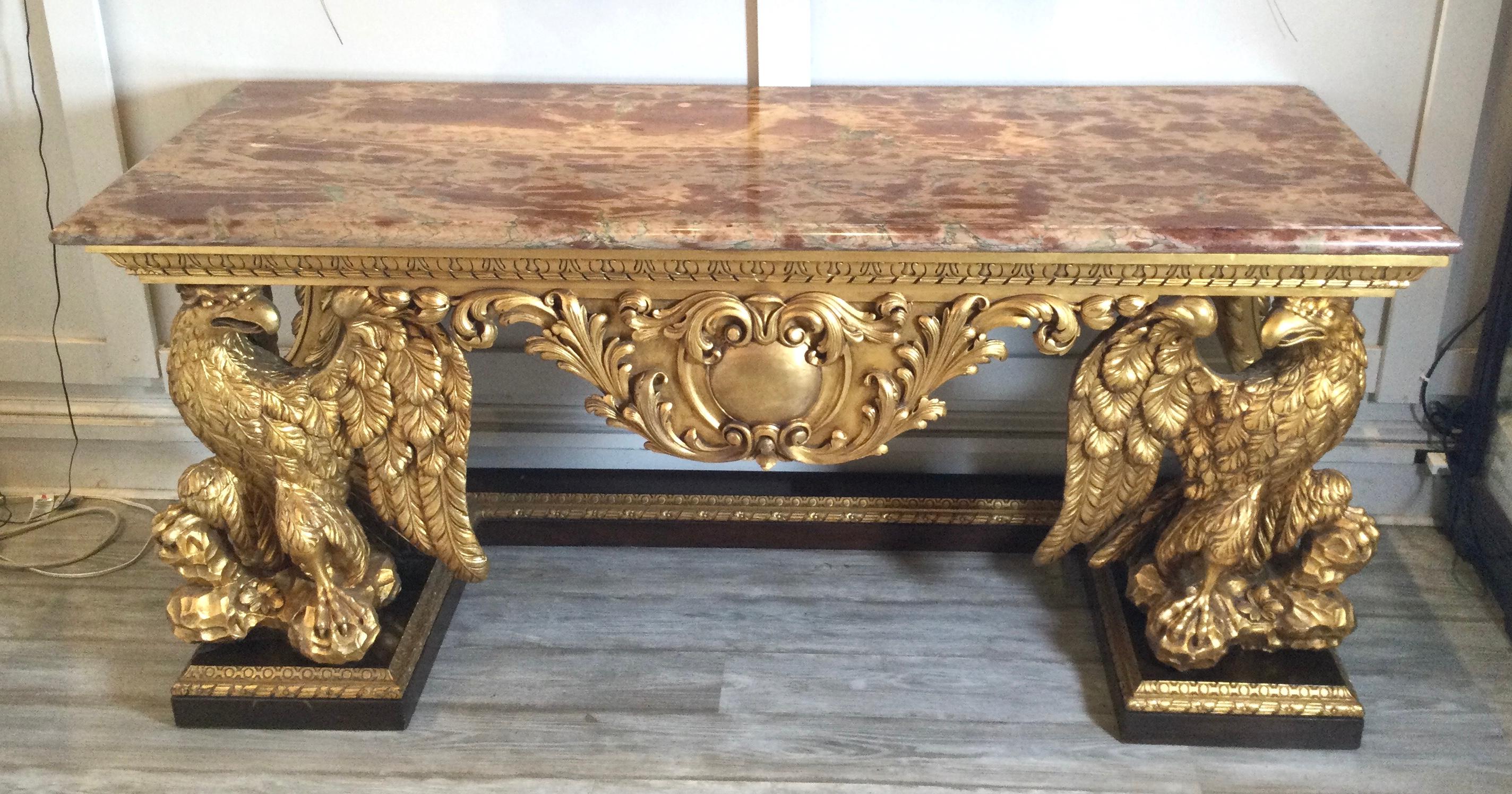 American George II Style Gilt Carved Wood Antique Console with Marble Top, Circa 1926
