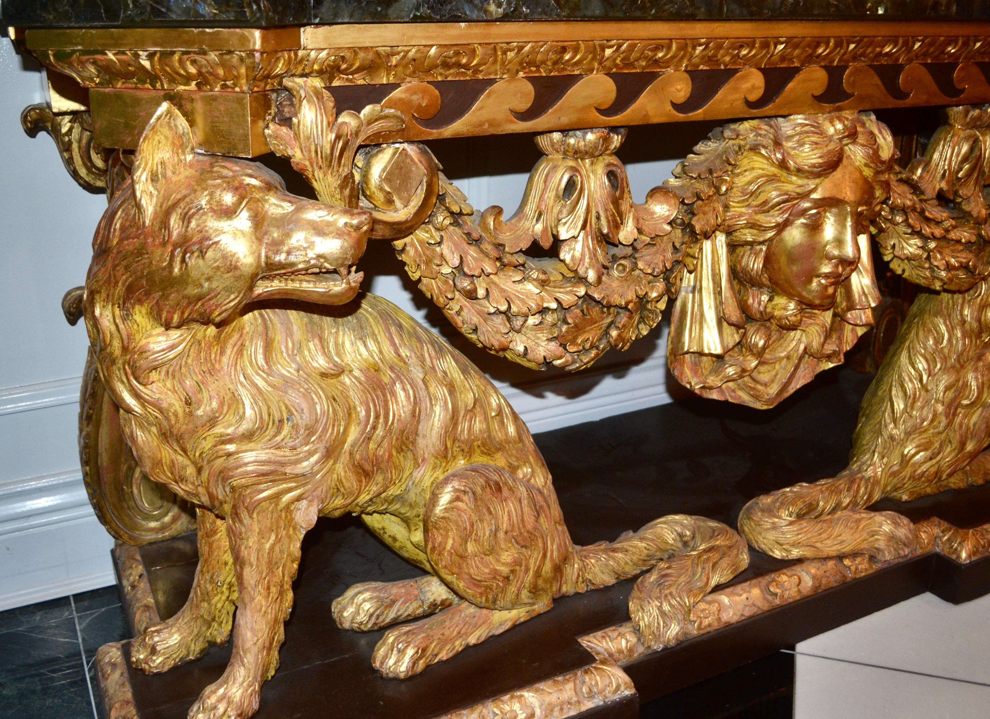 Marble George II Style Giltwood Wolf Console Stamped Lenygon and Co. After William Kent For Sale