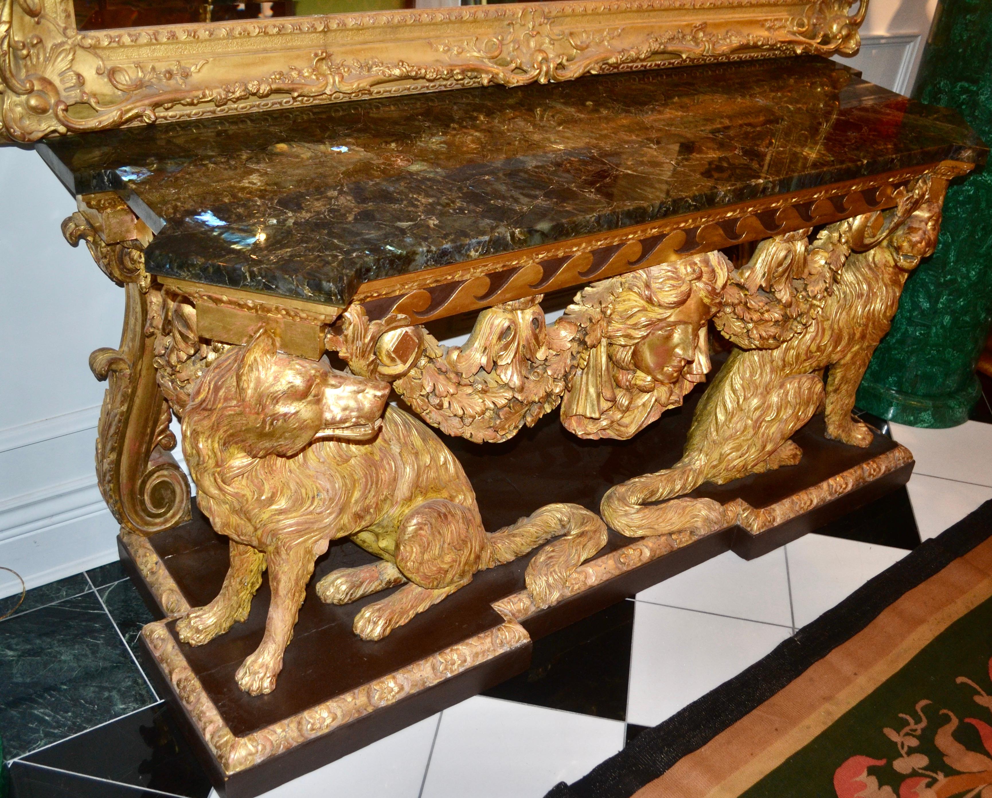 Carved George II Style Giltwood Wolf Console Stamped Lenygon and Co. After William Kent For Sale