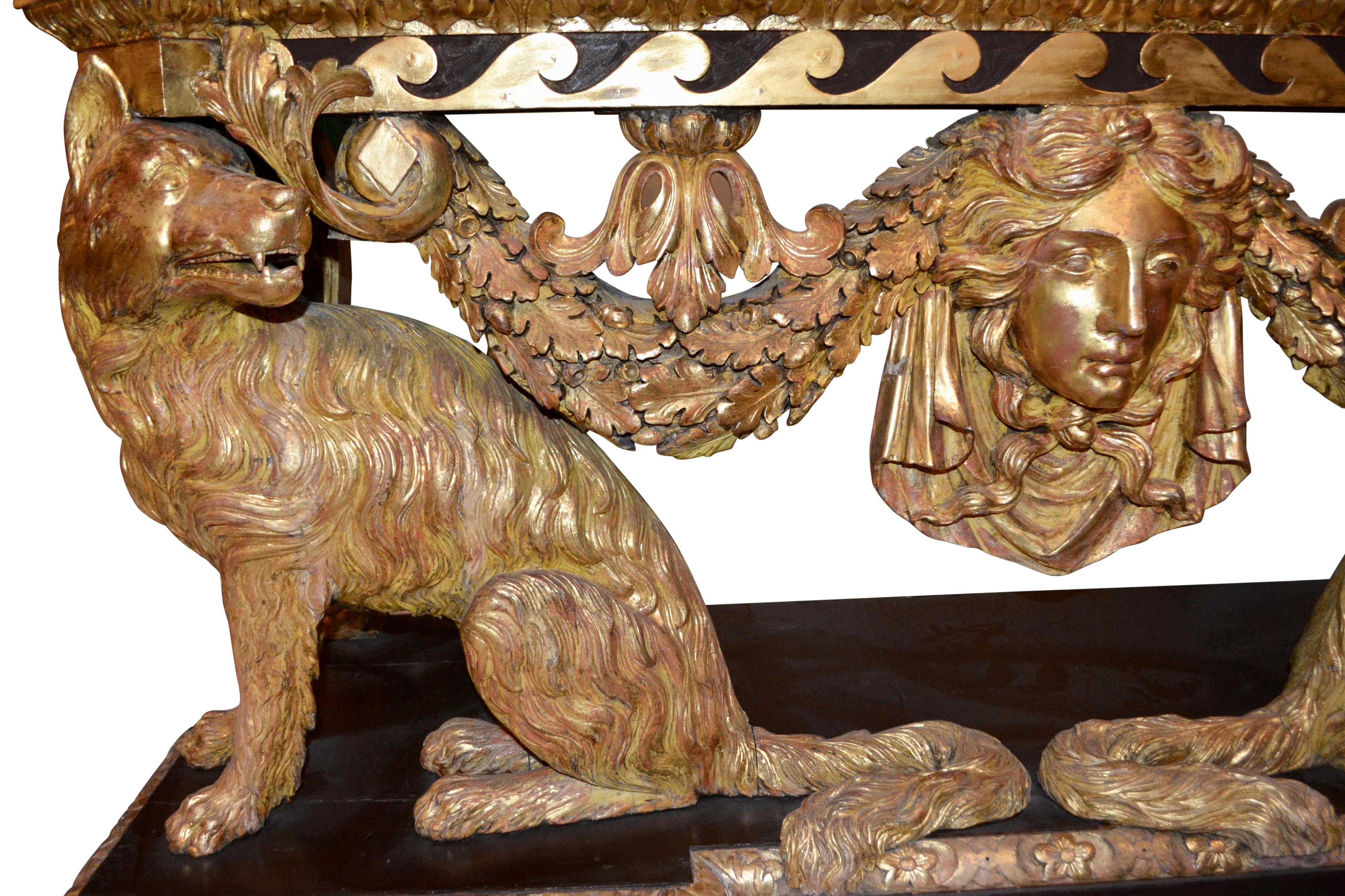 Marbre Console loup en bois doré de style George II de Lenygon and Co d'après William Kent en vente