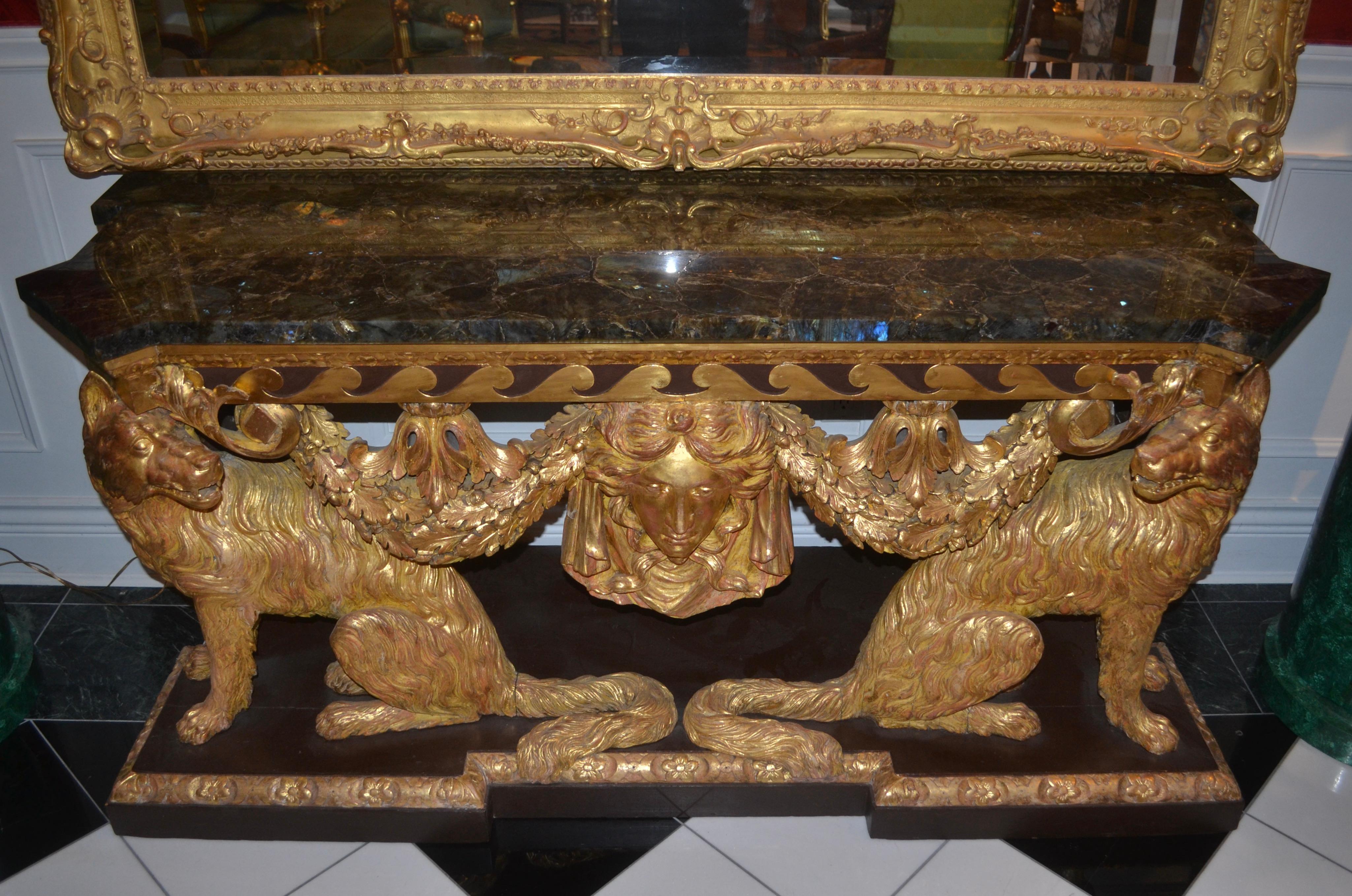 George II Style Giltwood Wolf Console Stamped Lenygon and Co. After William Kent In Good Condition For Sale In Vancouver, British Columbia