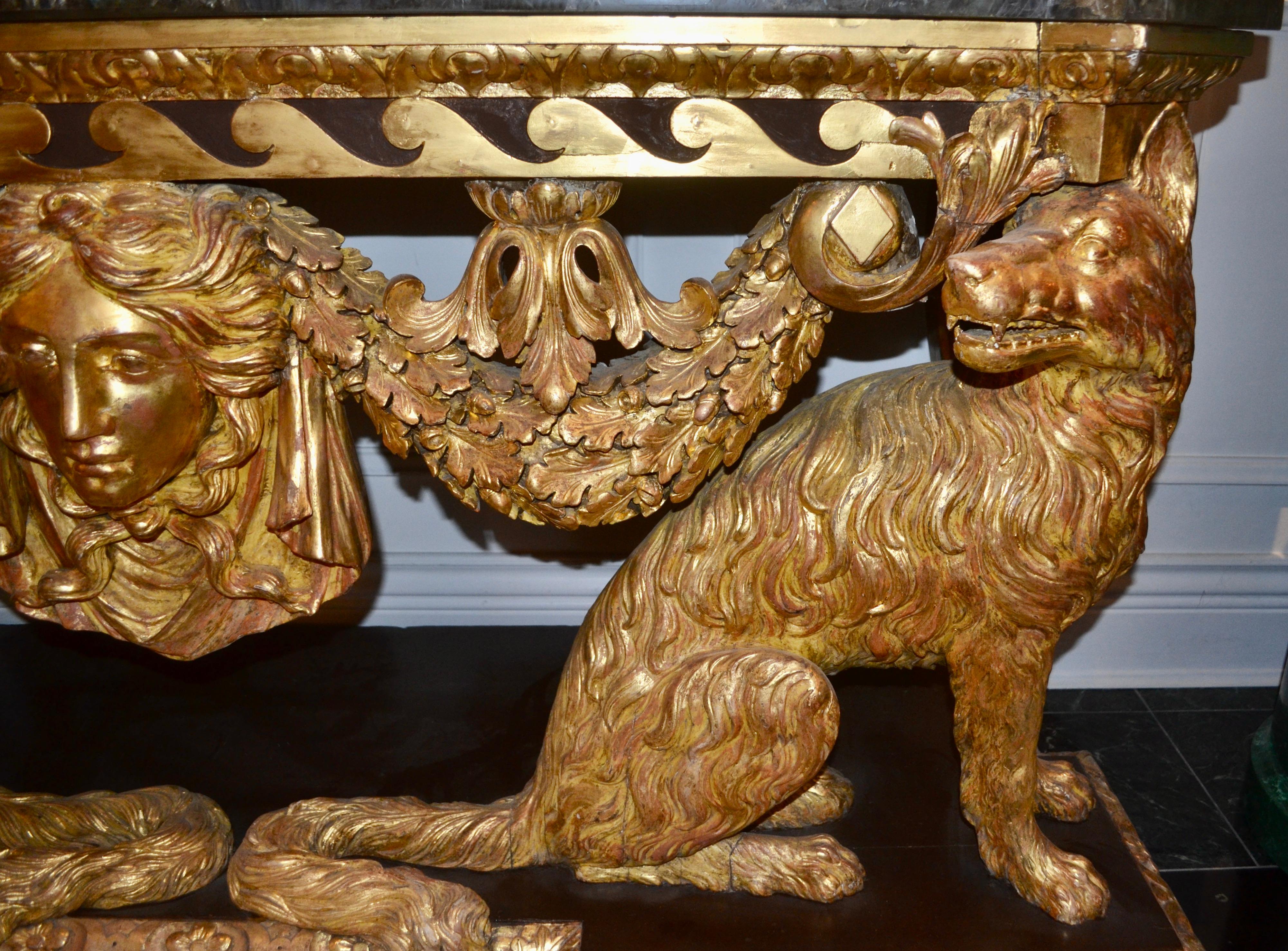 20th Century George II Style Giltwood Wolf Console Stamped Lenygon and Co. After William Kent For Sale