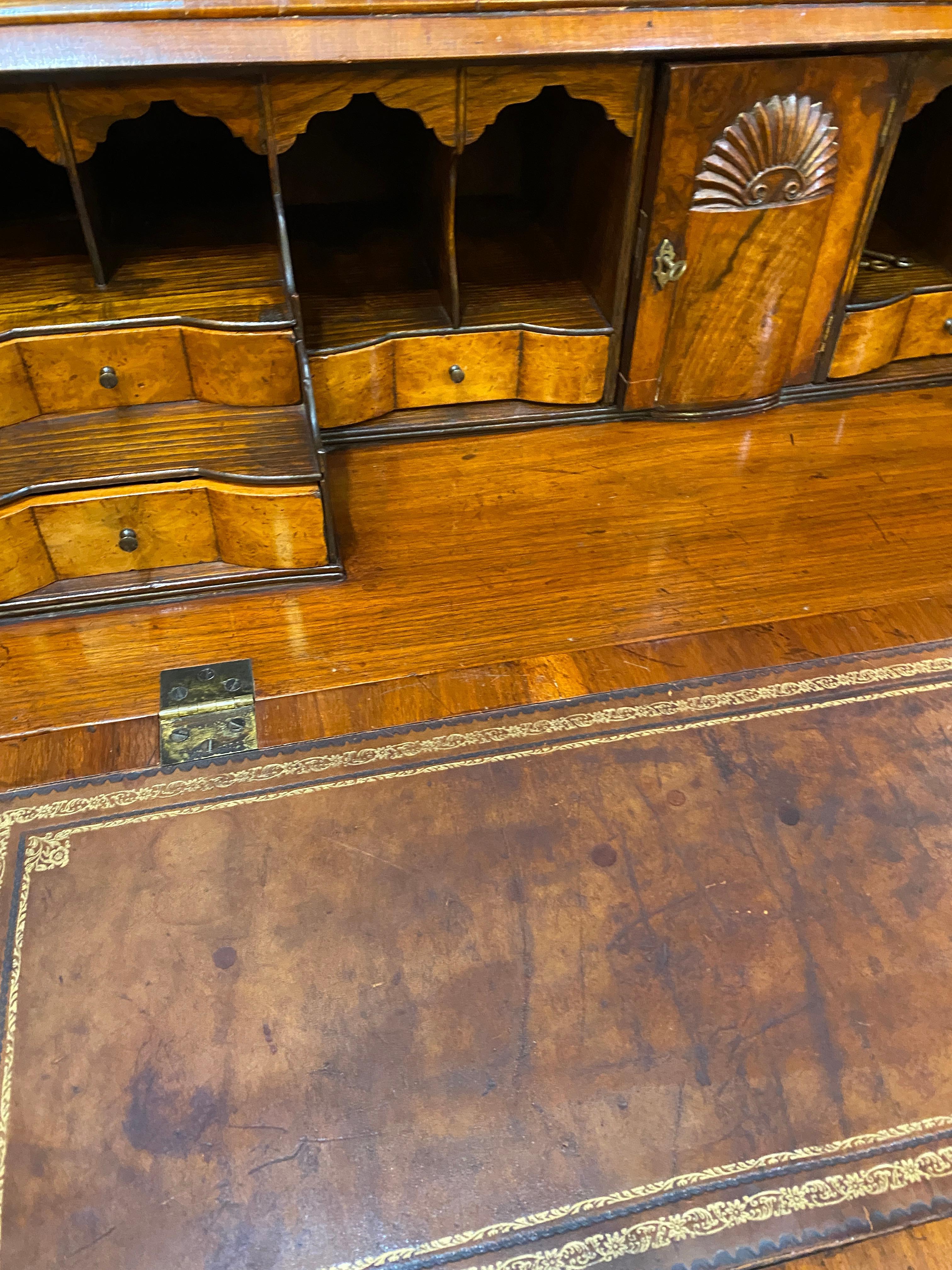 George II Style Inlaid Burl Walnut Slant Front Bureau Bookcase with Four Drawers In Good Condition In Middleburg, VA