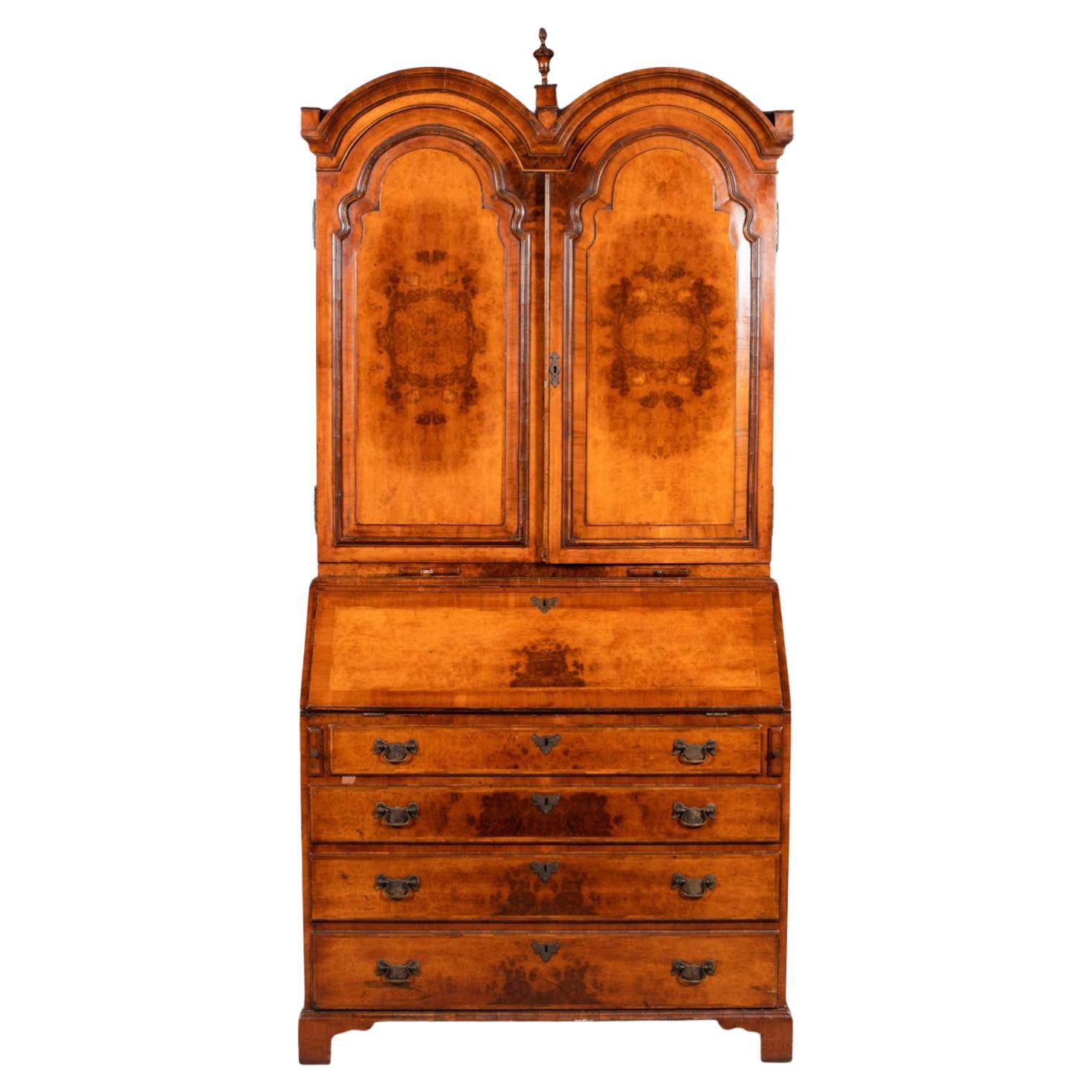 George II Style Inlaid Burl Walnut Slant Front Bureau Bookcase with Four Drawers