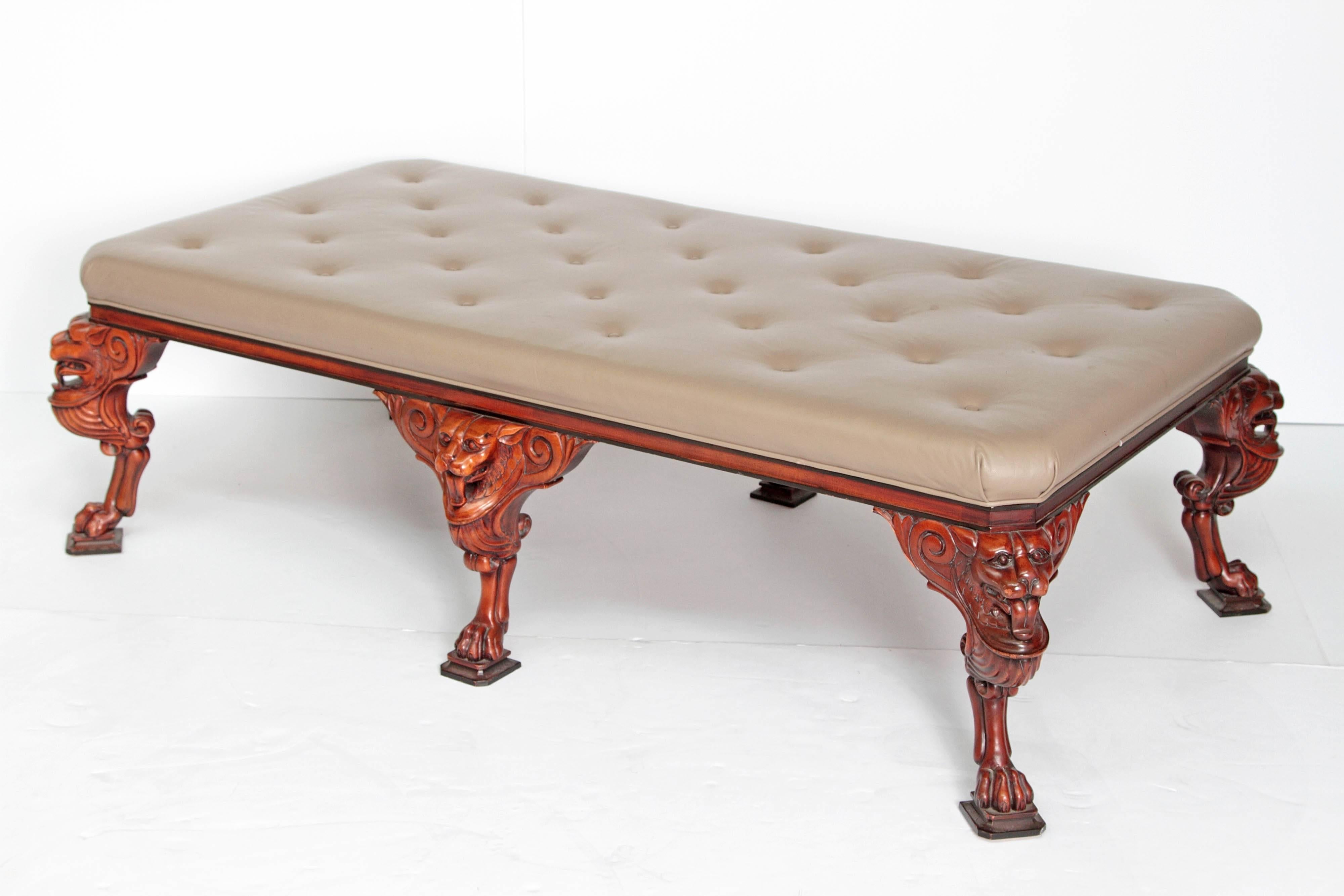 Carved George II Style Large Upholstered Bench by Baker