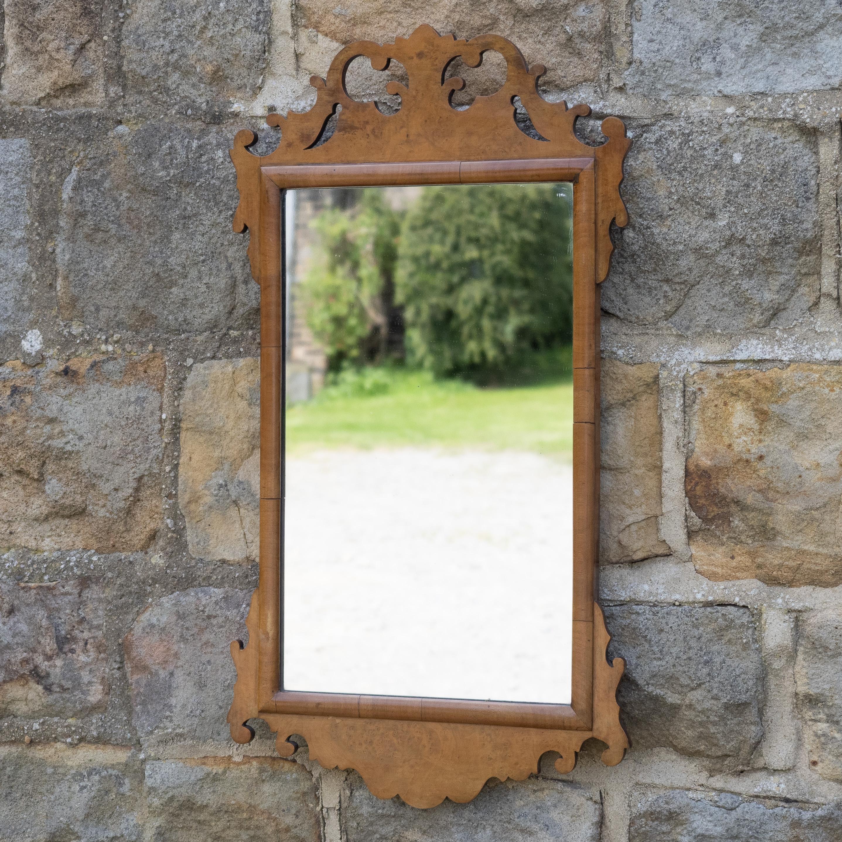 English George II Style Late c.19th Burr Walnut Fretwork Pier-glass Small Wall Mirror For Sale