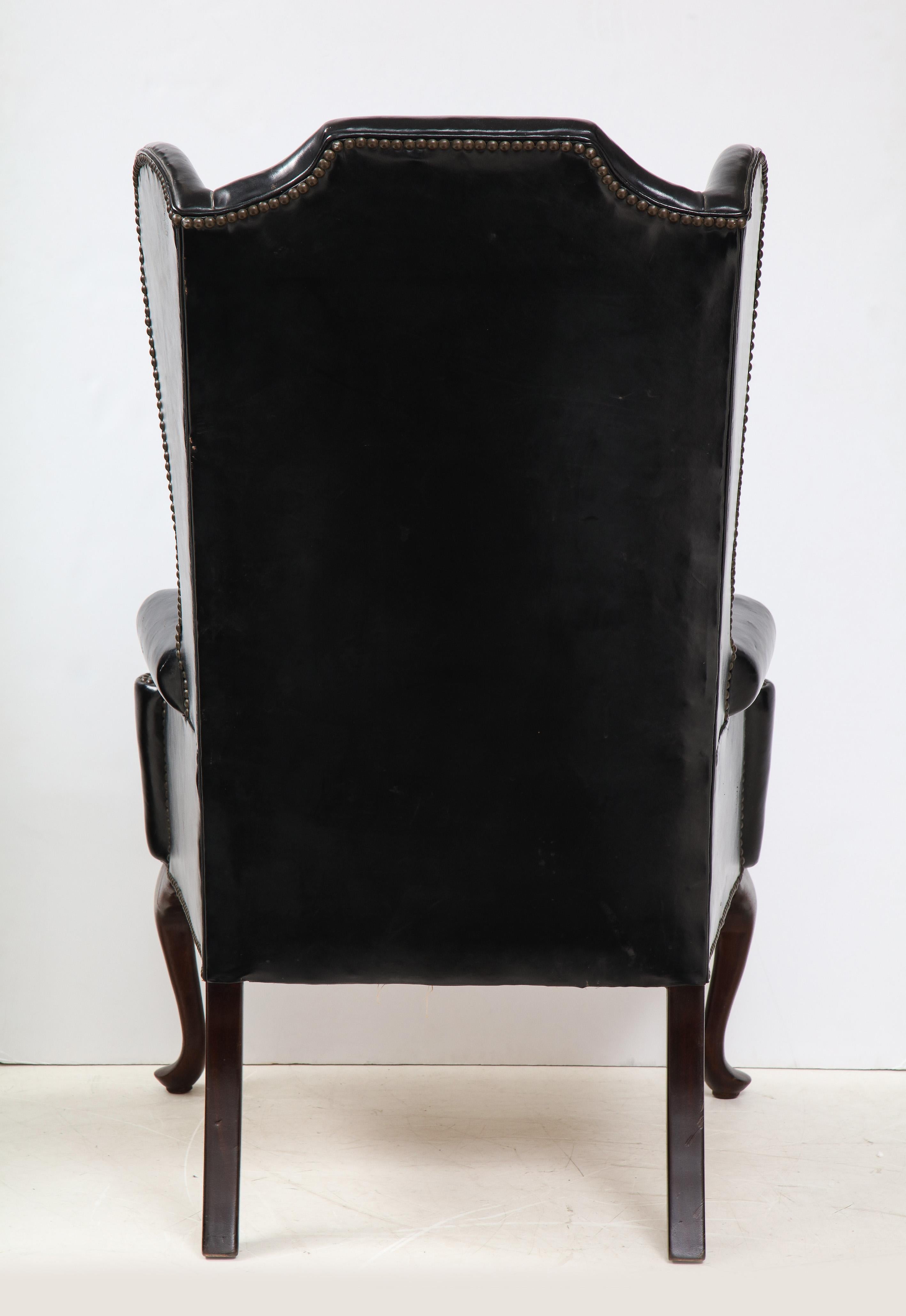 George II Style Mahogany and Black Leather Upholstered Wing Chair 2