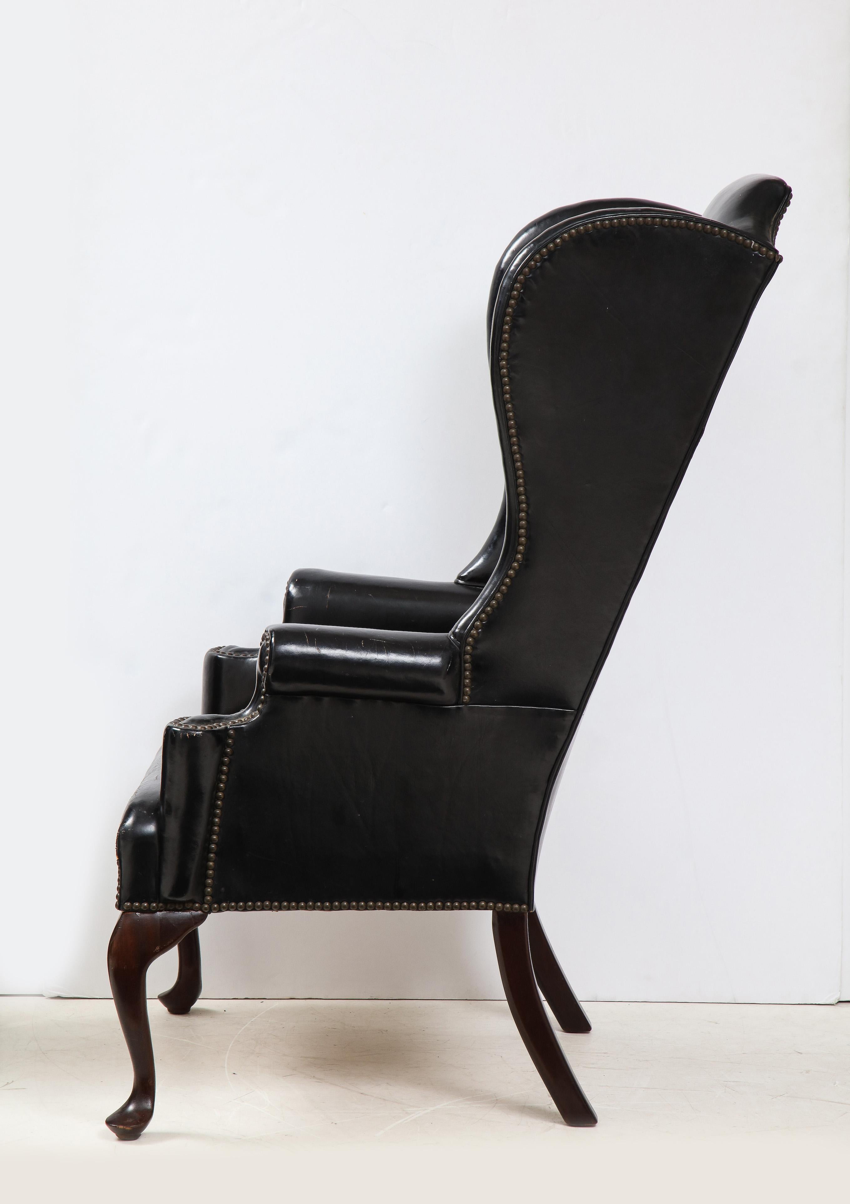 George II Style Mahogany and Black Leather Upholstered Wing Chair 3