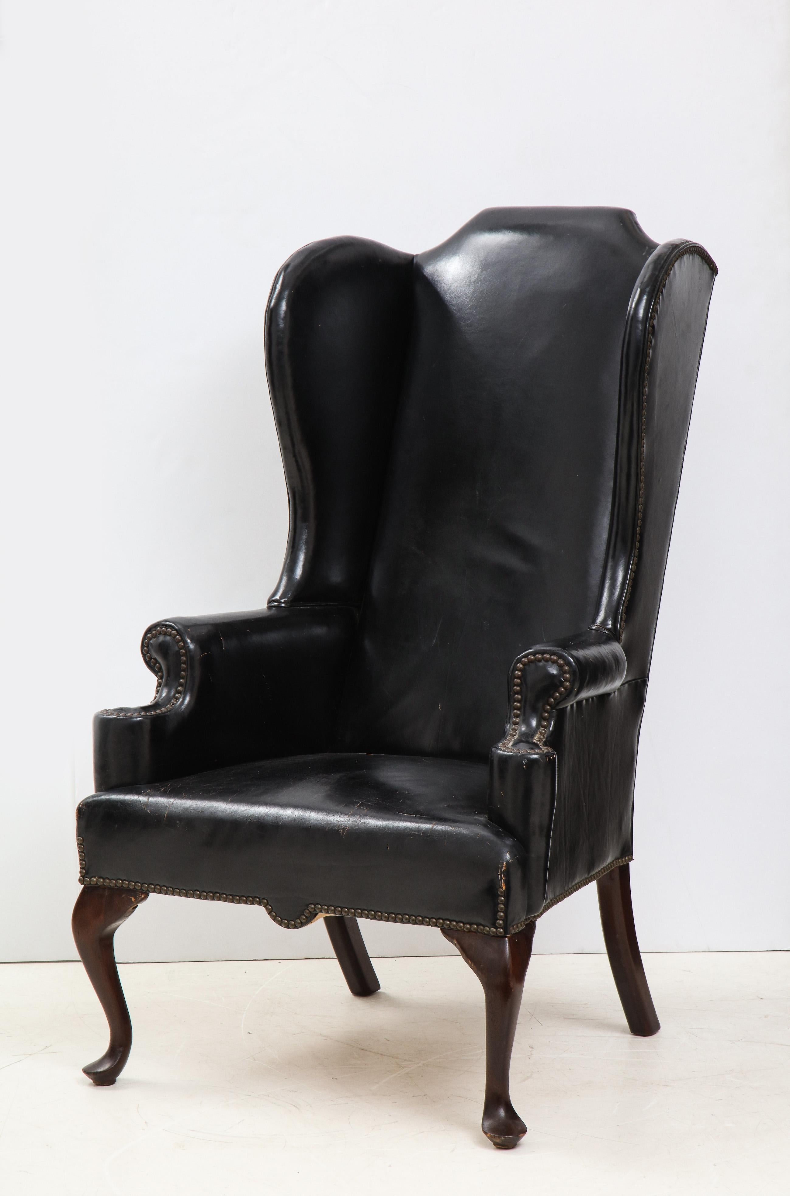 George II Style Mahogany and Black Leather Upholstered Wing Chair 4