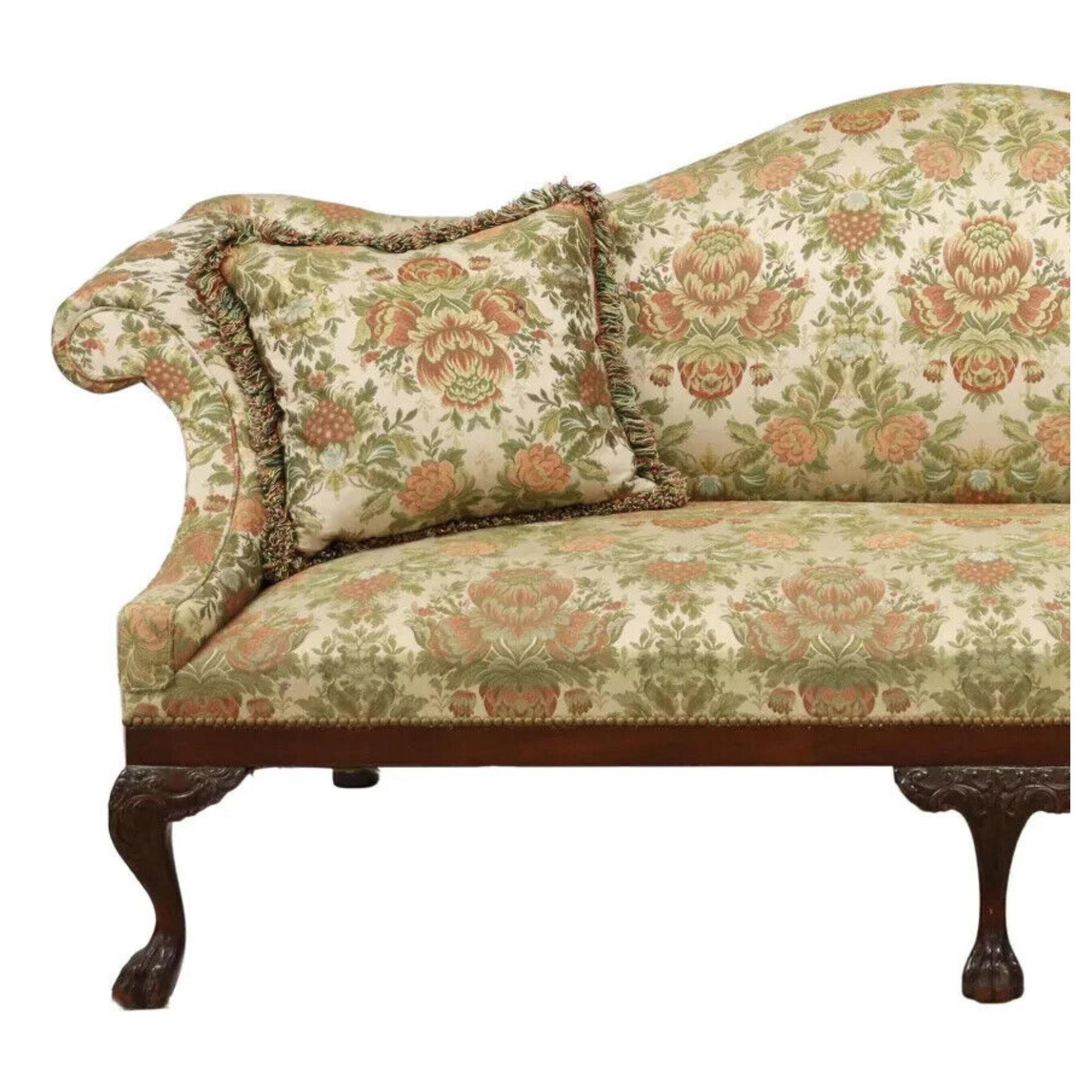 British George II Style, Mahogany, Camelback, Floral Pattern, Vintage / Antique Sofa