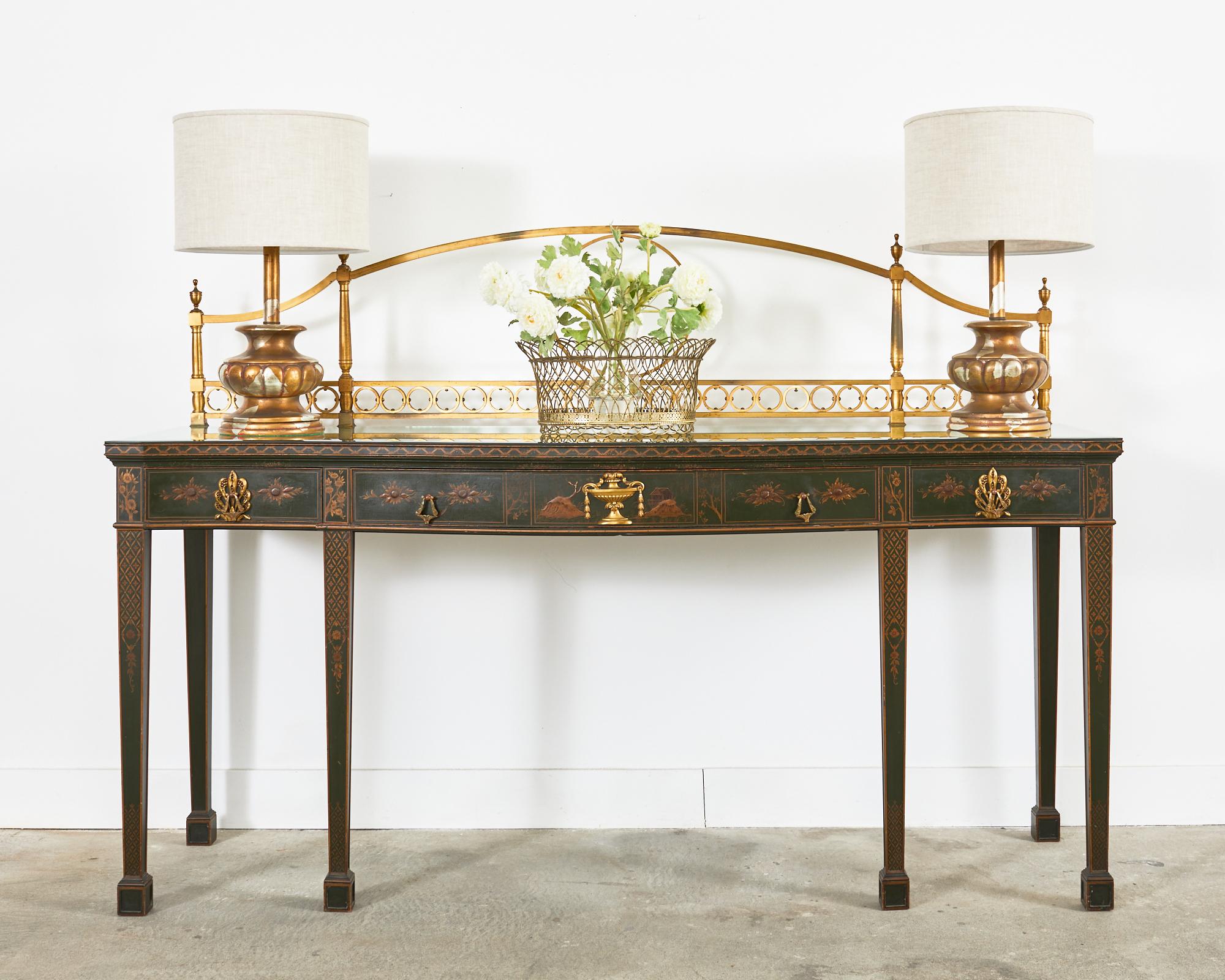 Imposing English George II style mahogany hunt board or sideboard featuring a Chinese Chippendale lacquered case in the chinoiserie revival period style of late 19th century Europe. The case has been lacquered in a dark green tone decorated with