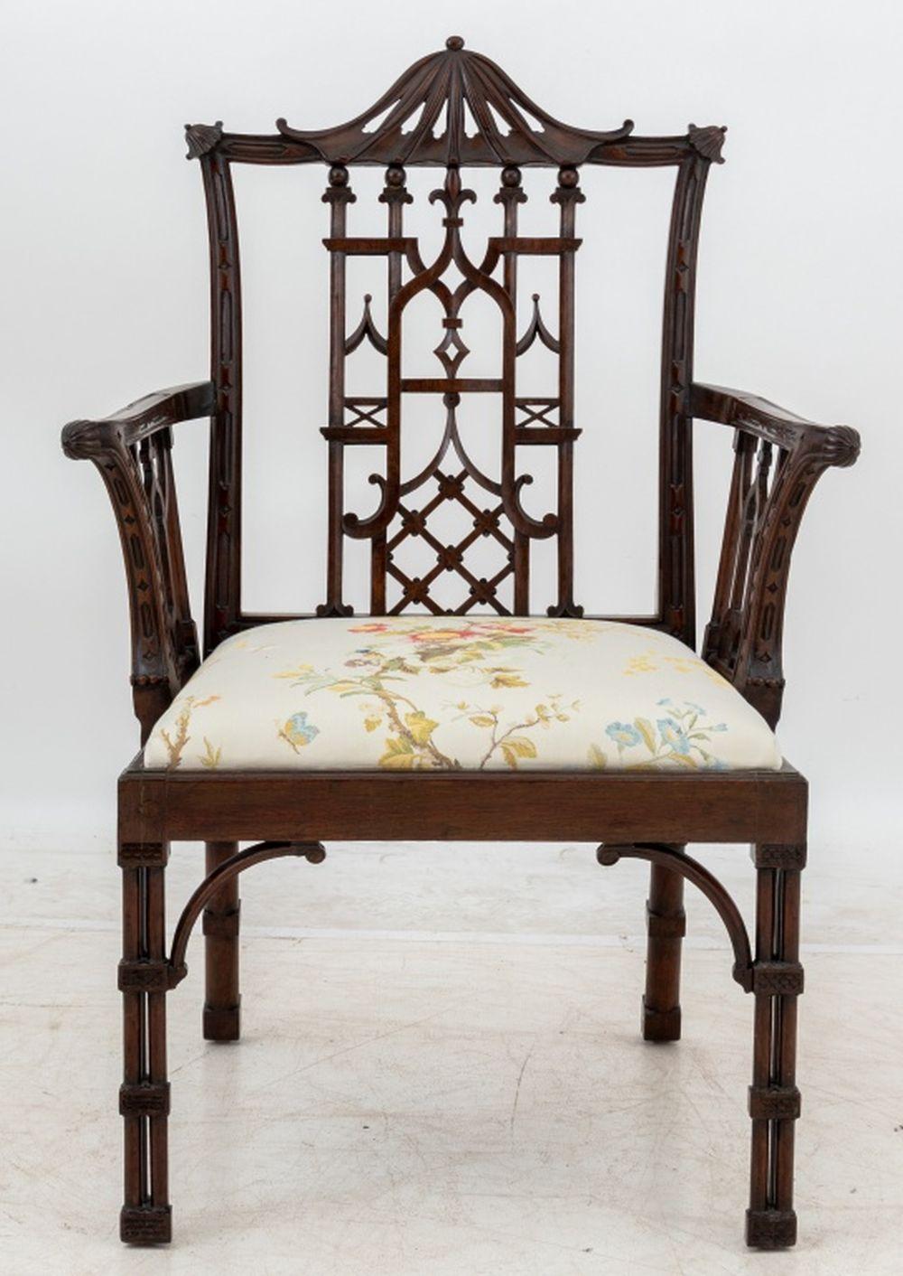 George II Style Mahogany Chinoiserie Arm Chair, 19th century, with pagoda-form crest rails and bamboo style legs, with floral silk blend upholstered seat. 41