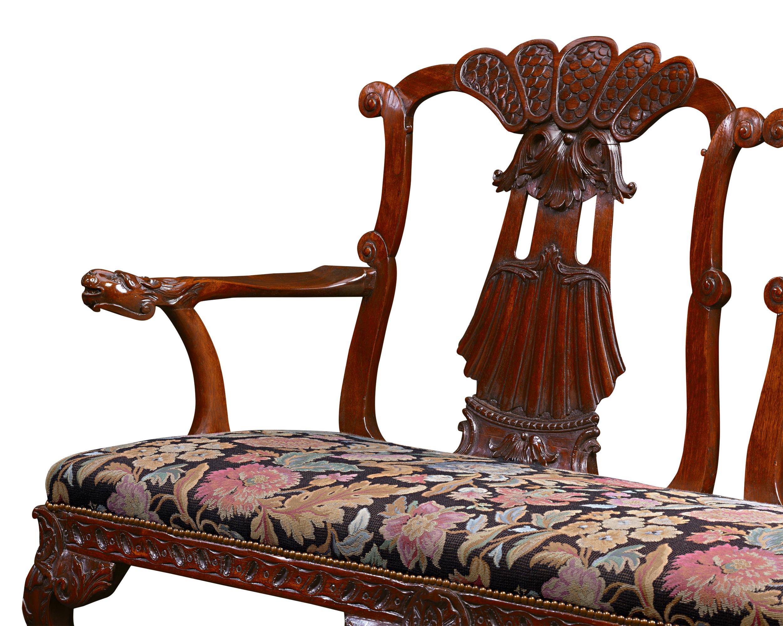 Chippendale George II Style Mahogany Double Chair Settee For Sale