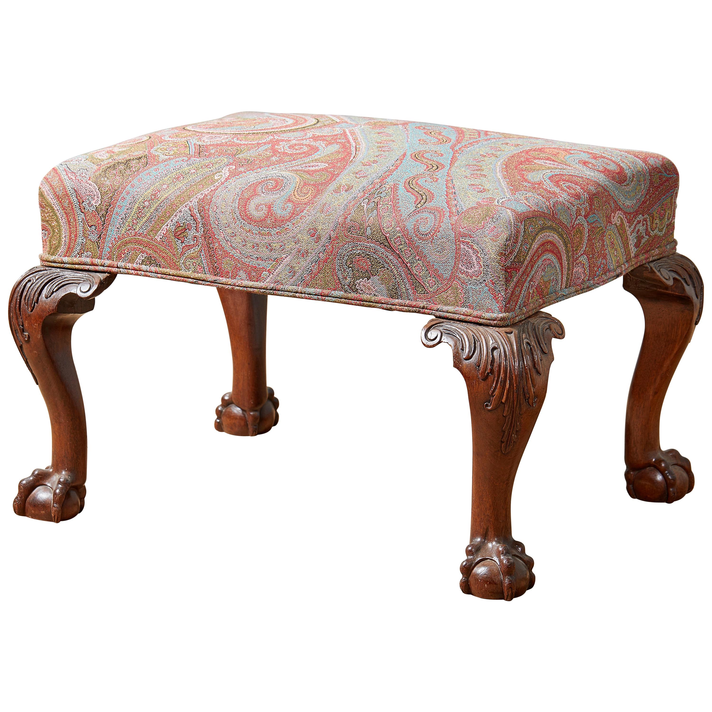 George II Style Mahogany Stool, Late 19th Century in Etro paisley fabric For Sale