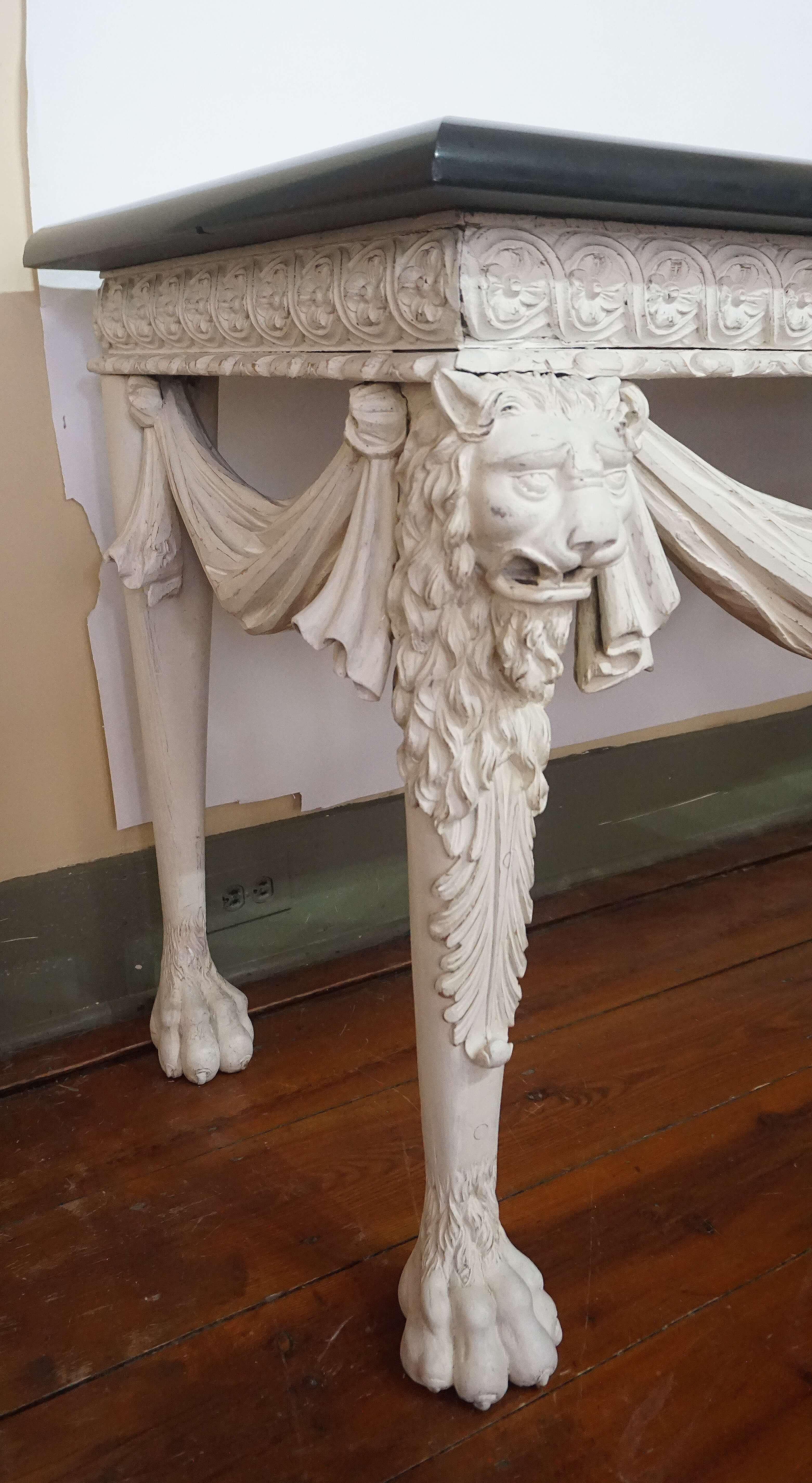Belgian Black Marble George II Style Marble Top Painted Side Table in the Manner of William Kent For Sale