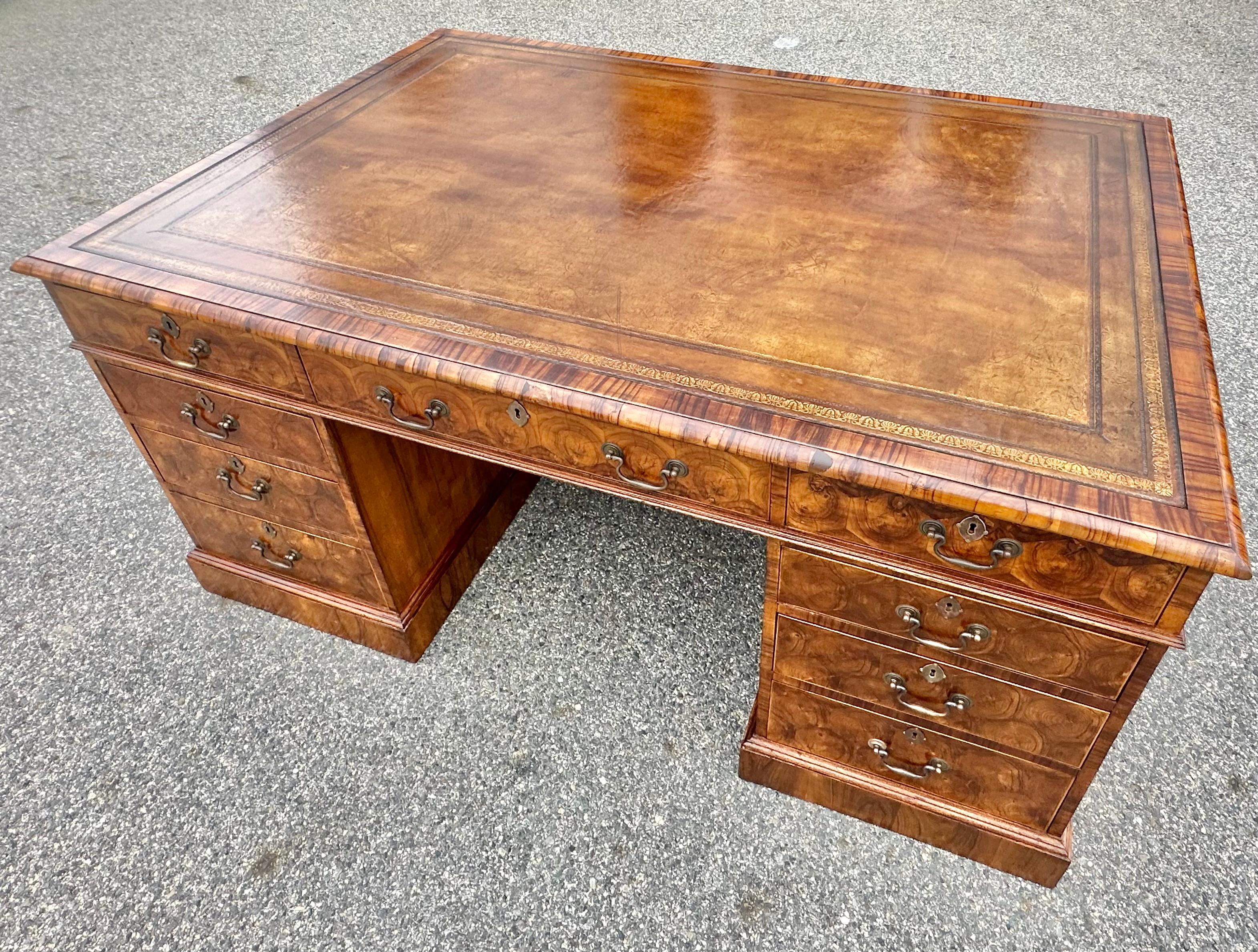 Leather George II Style Oyster Walnut Partner’s Desk For Sale