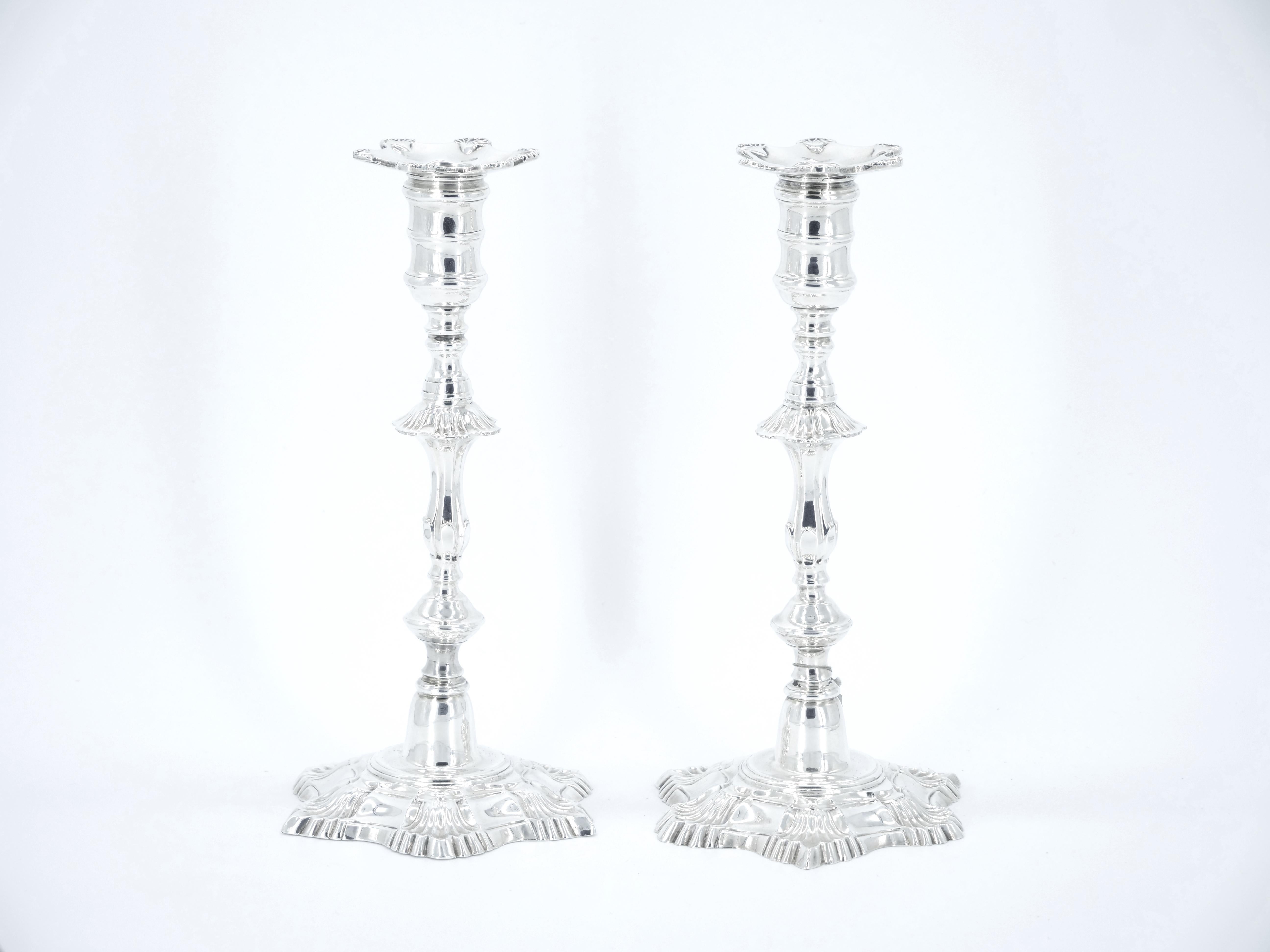 George II Style Pair 19th Century English Silver Plate Candlesticks For Sale 8