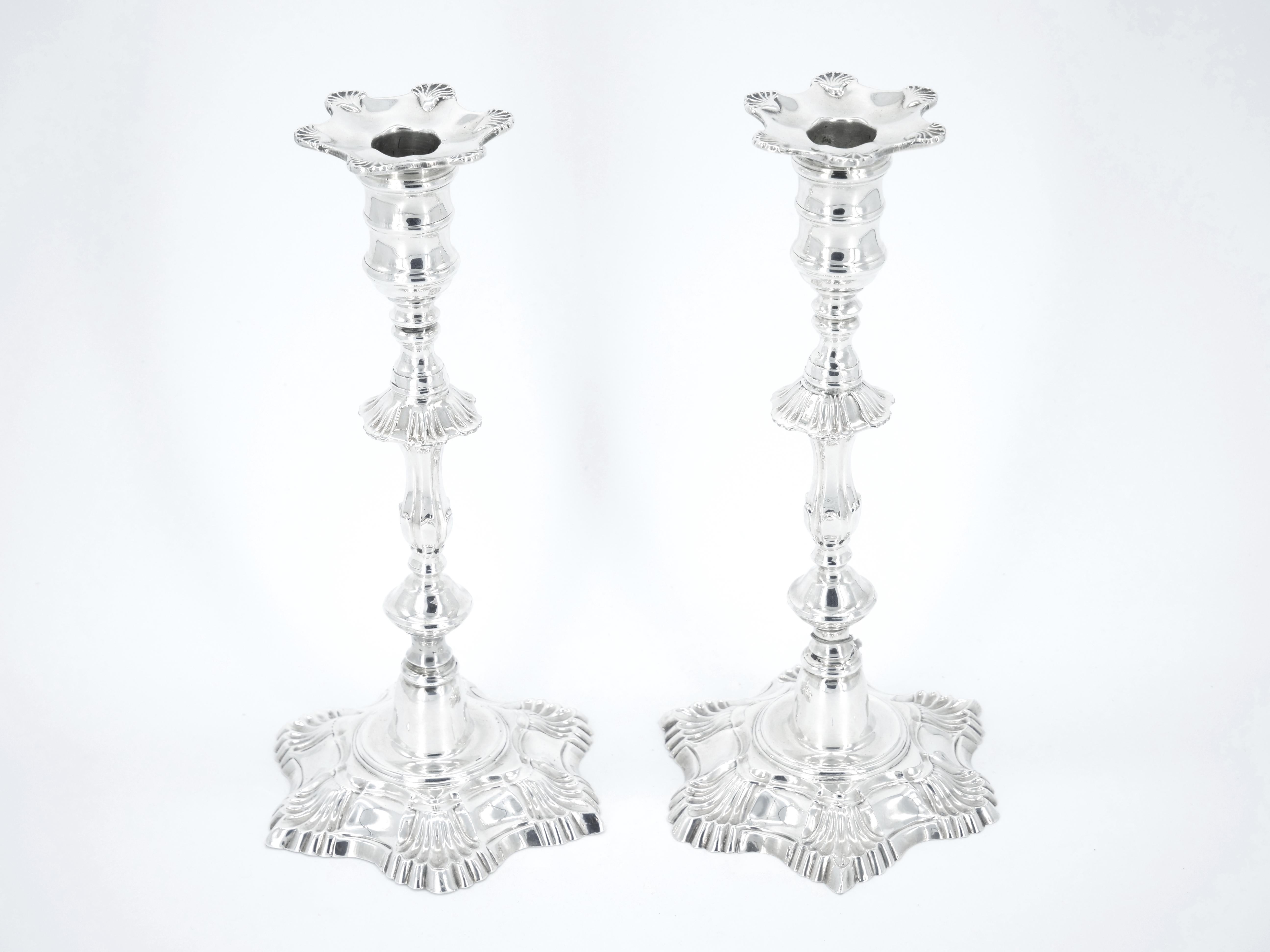 George II Style Pair 19th Century English Silver Plate Candlesticks For Sale 2