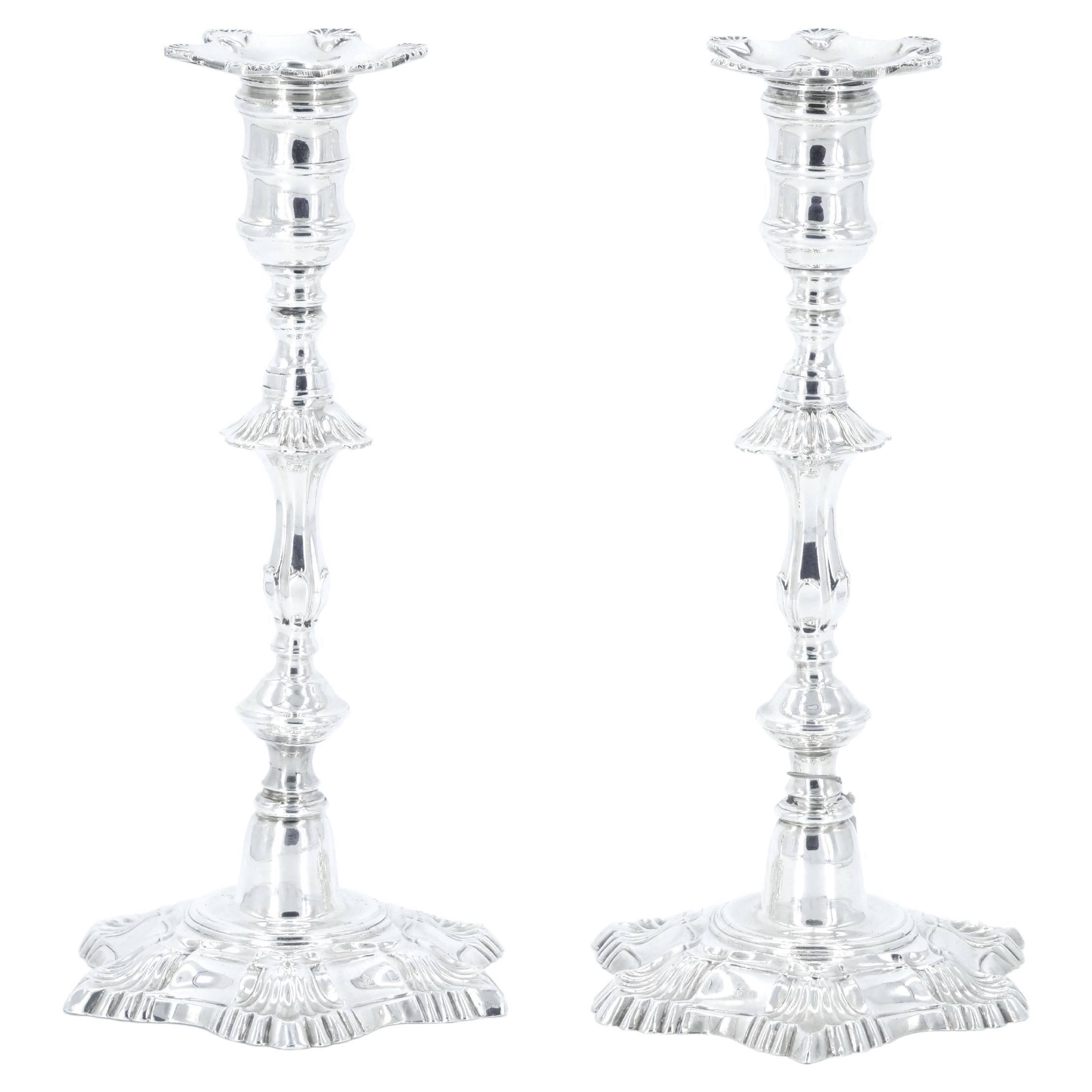George II Style Pair 19th Century English Silver Plate Candlesticks