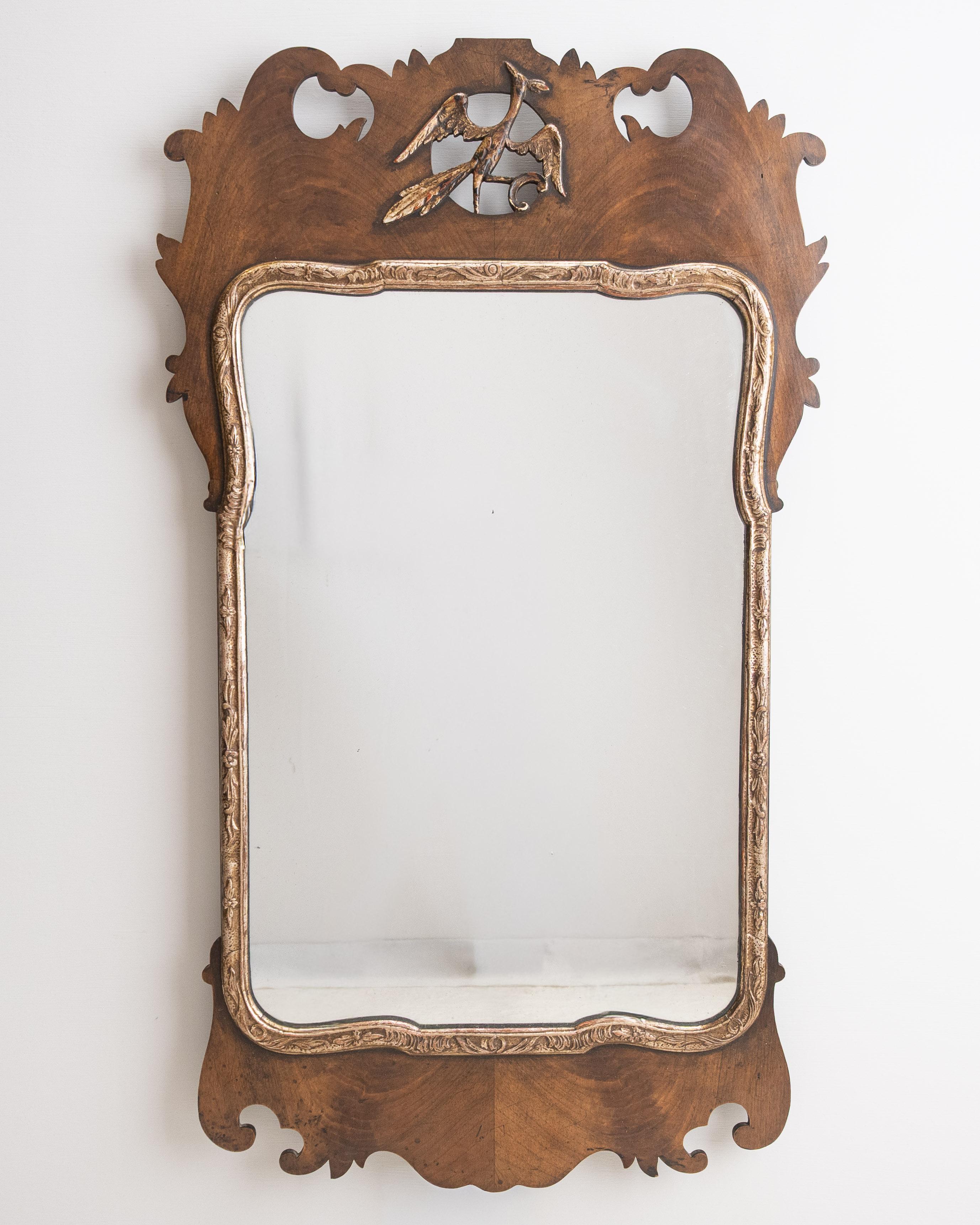 English George II Parcel-Gilt Walnut Hoho Bird Fretwork Pier Mirror (Edwardian c1910-20) For Sale
