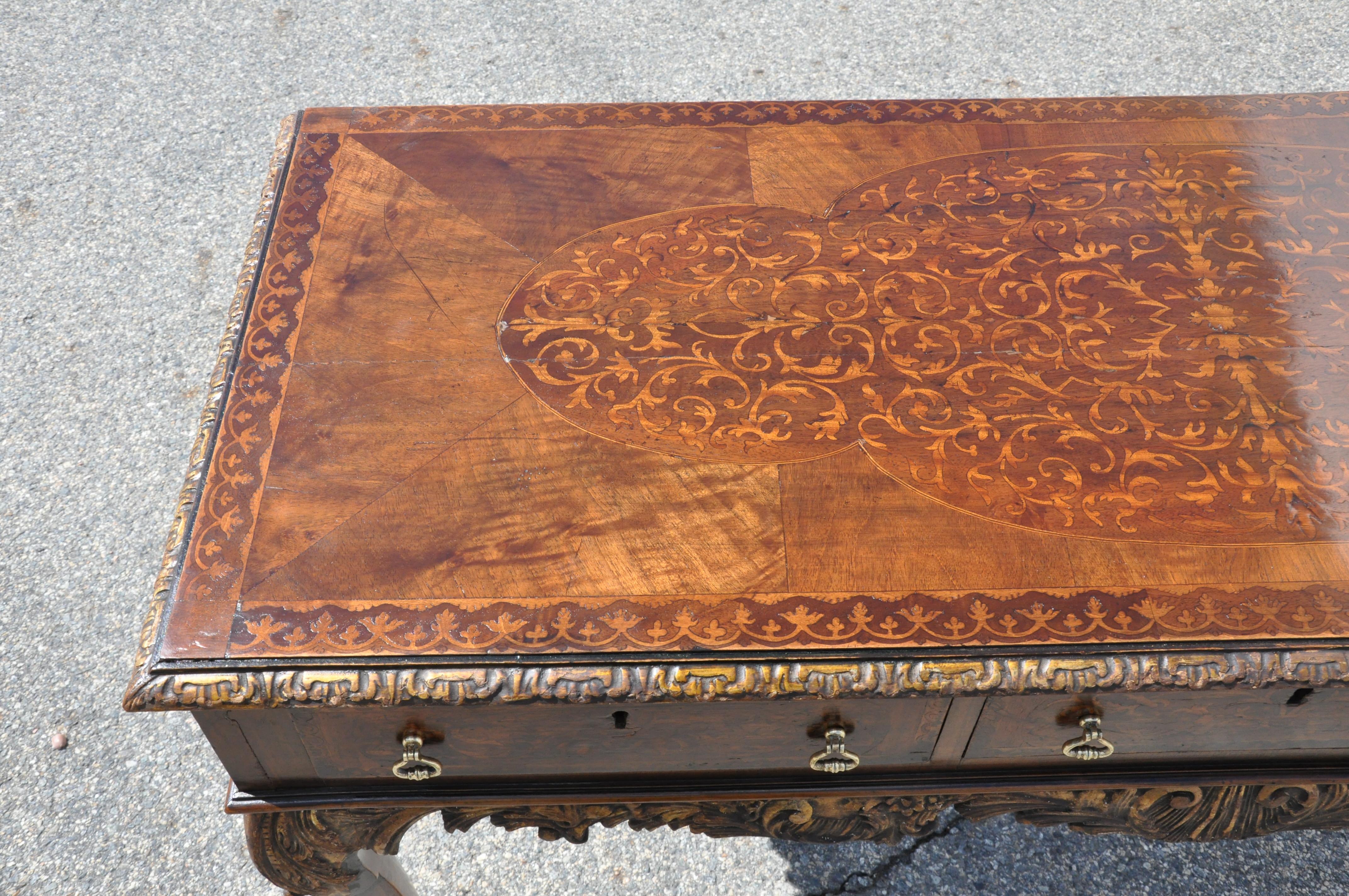 George II Style Seaweed Marquetry Inlaid Walnut Serving or Sofa Table In Good Condition For Sale In Essex, MA
