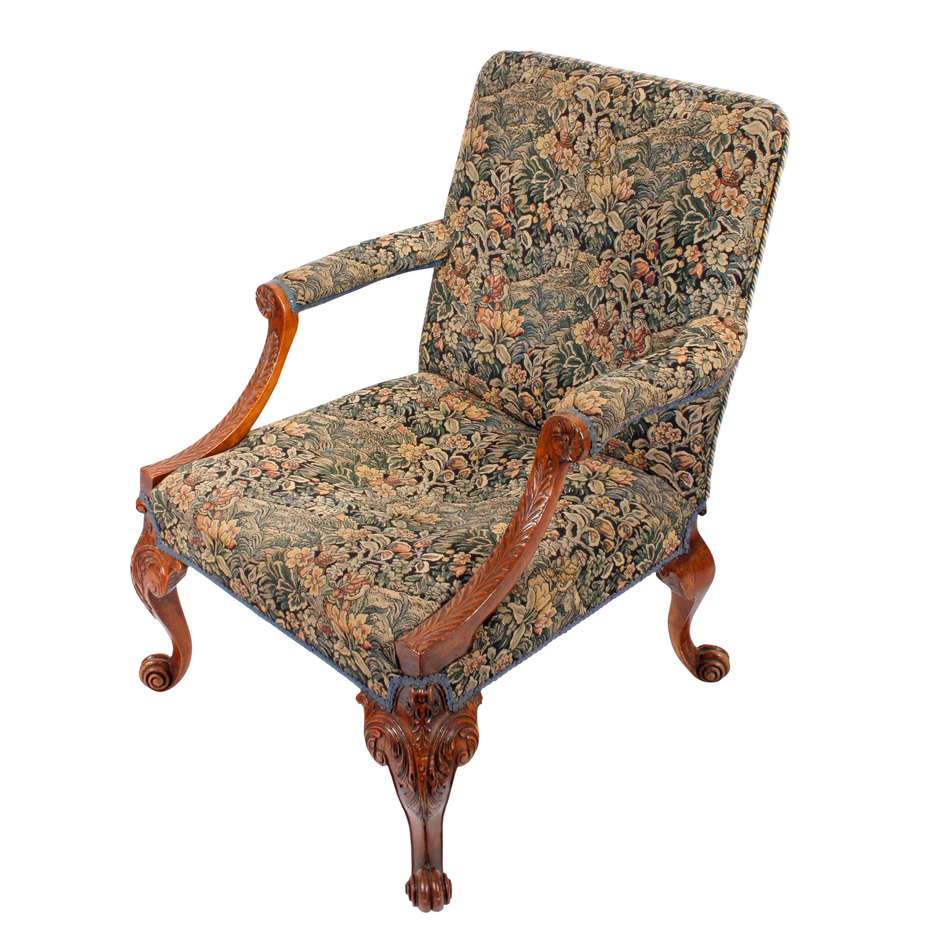 George II style walnut Gainsborough chair


A 19th century George II style walnut Gainsborough armchair.

The chair has wonderful carved walnut cabriole front legs that have scroll toes and knees and the back legs are cabriole shaped with a