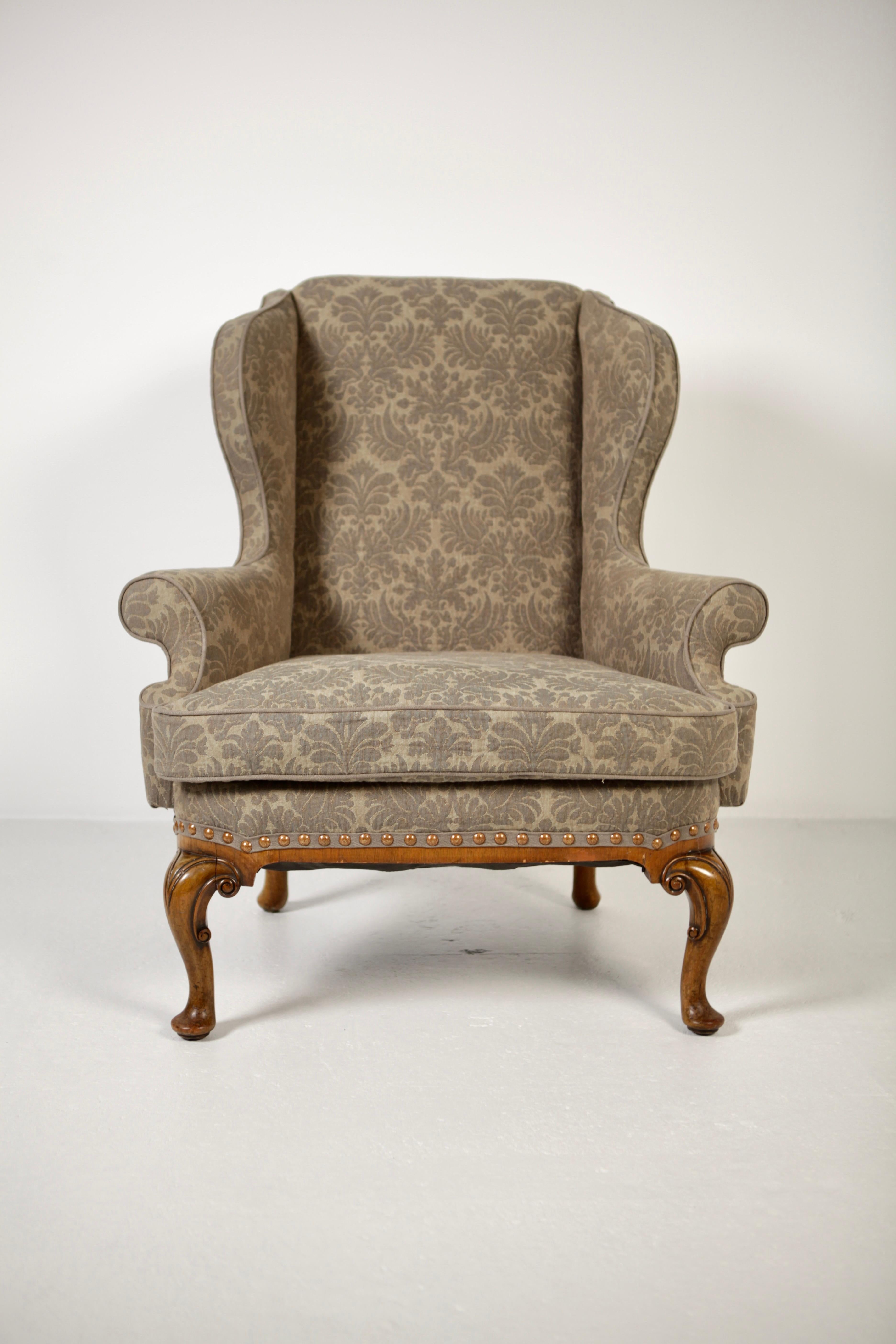 Linen George II Style Wing Back Armchair, 19th Century