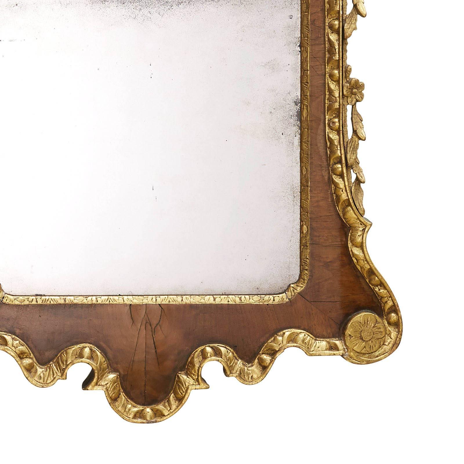 English George II Walnut and Gilt Wood Mirror, England, circa 1730
