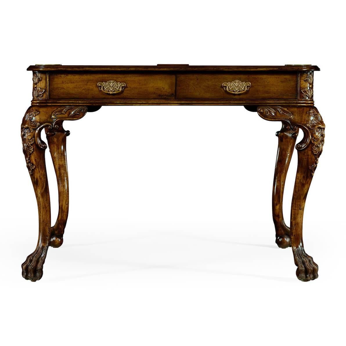 A substantial George II style square walnut card table with beautifully carved grotesque masks to the shoulders of the cabriole legs set on realistically carved lions paw feet. Inset tooled tan leather top with brass cup holders.

Dimensions: 44
