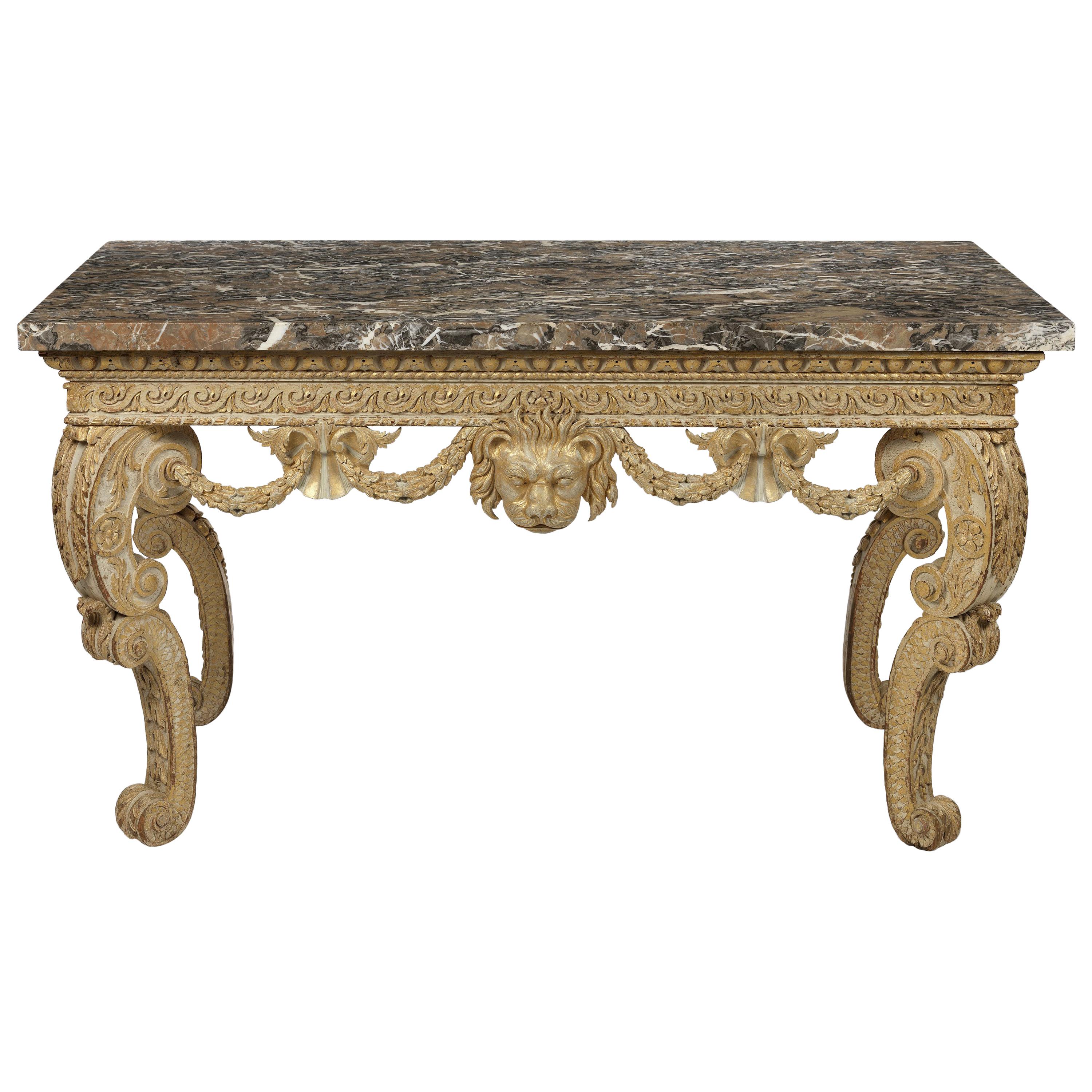 George II White and Gold Carved Console Table Attributed to Benjamin Goodison For Sale