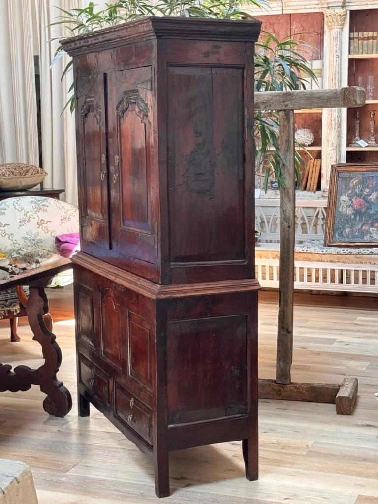A George II Yew Wood Press Cupboard, c. 1750 having stunning patina. The molded cornice above a pair of arched fielded panel doors on a base with a central arched fielded panel flanked by a pair of square fielded panels and two short drawers.  Doors