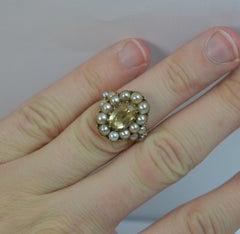 George III 15 Carat Gold Yellow Topaz and Pearl Cluster Ring