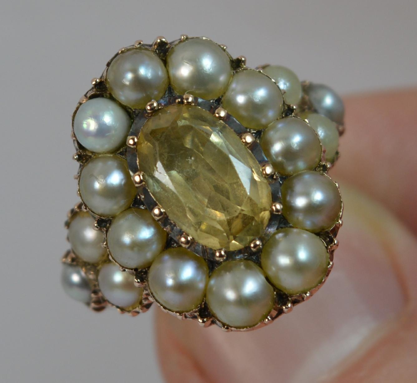 George III 15 Carat Gold Yellow Topaz and Pearl Cluster Ring 2