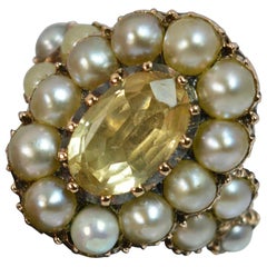 Antique George III 15 Carat Gold Yellow Topaz and Pearl Cluster Ring