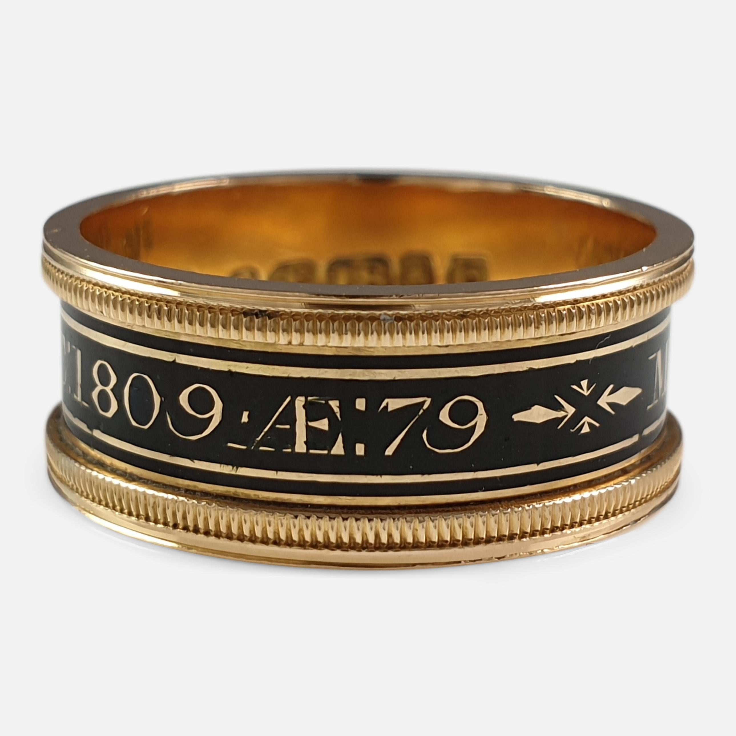 George III 18 Karat Yellow Gold and Enamel Memorial Mourning Ring, London, 1809 5