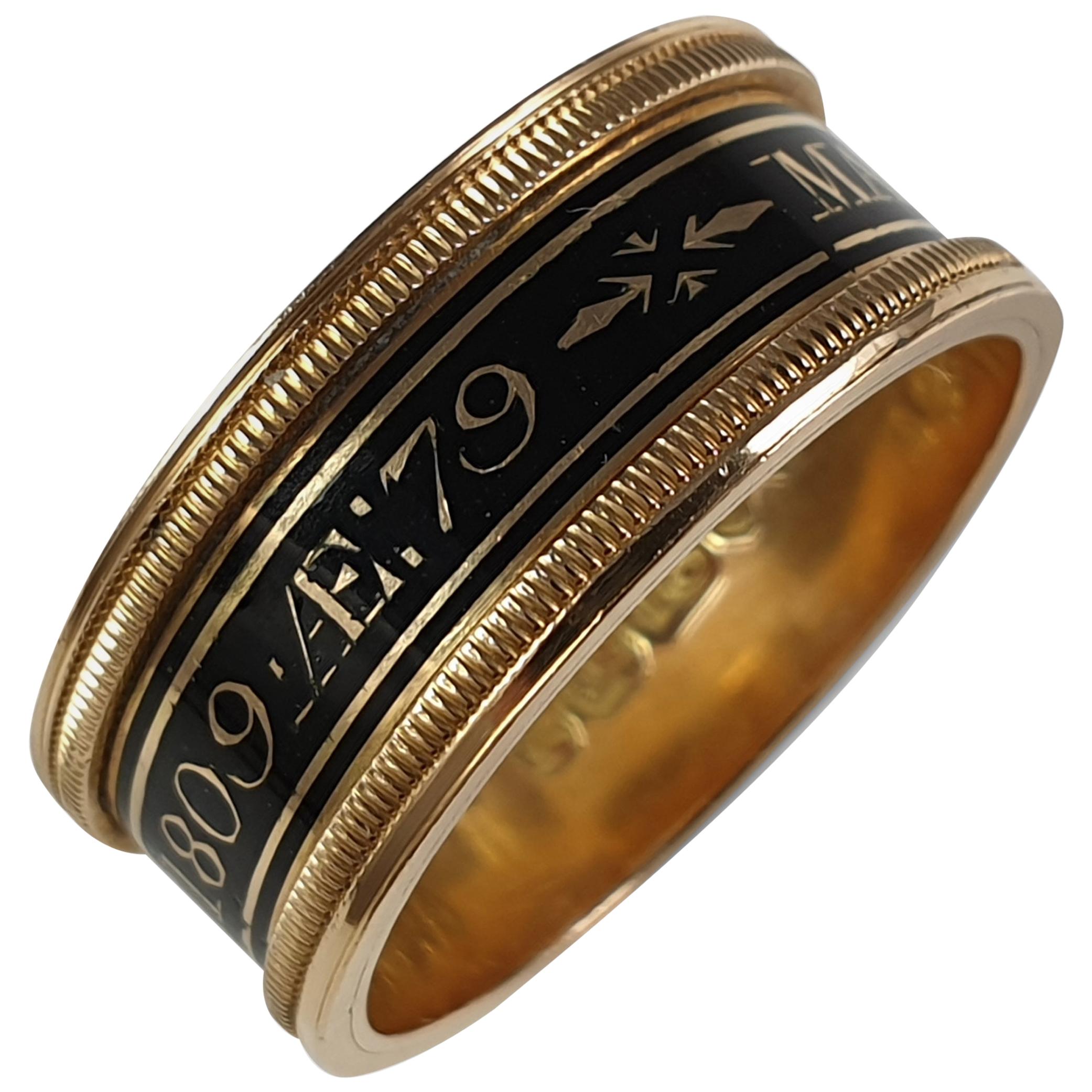 George III 18 Karat Yellow Gold and Enamel Memorial Mourning Ring, London, 1809