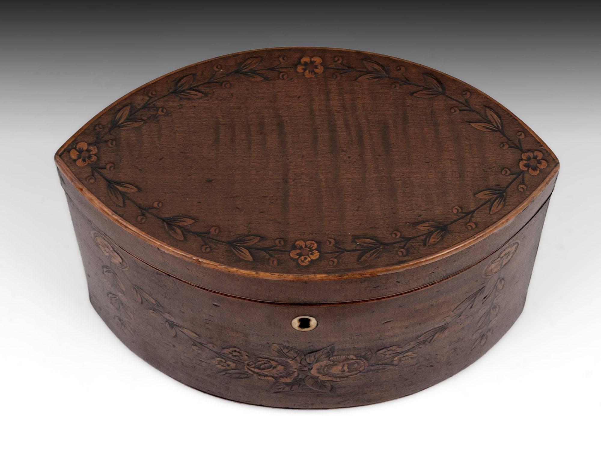 Late 18th Century George III 18th Century Period Harewood Inlaid 'Navette' Shaped Tea Caddy For Sale
