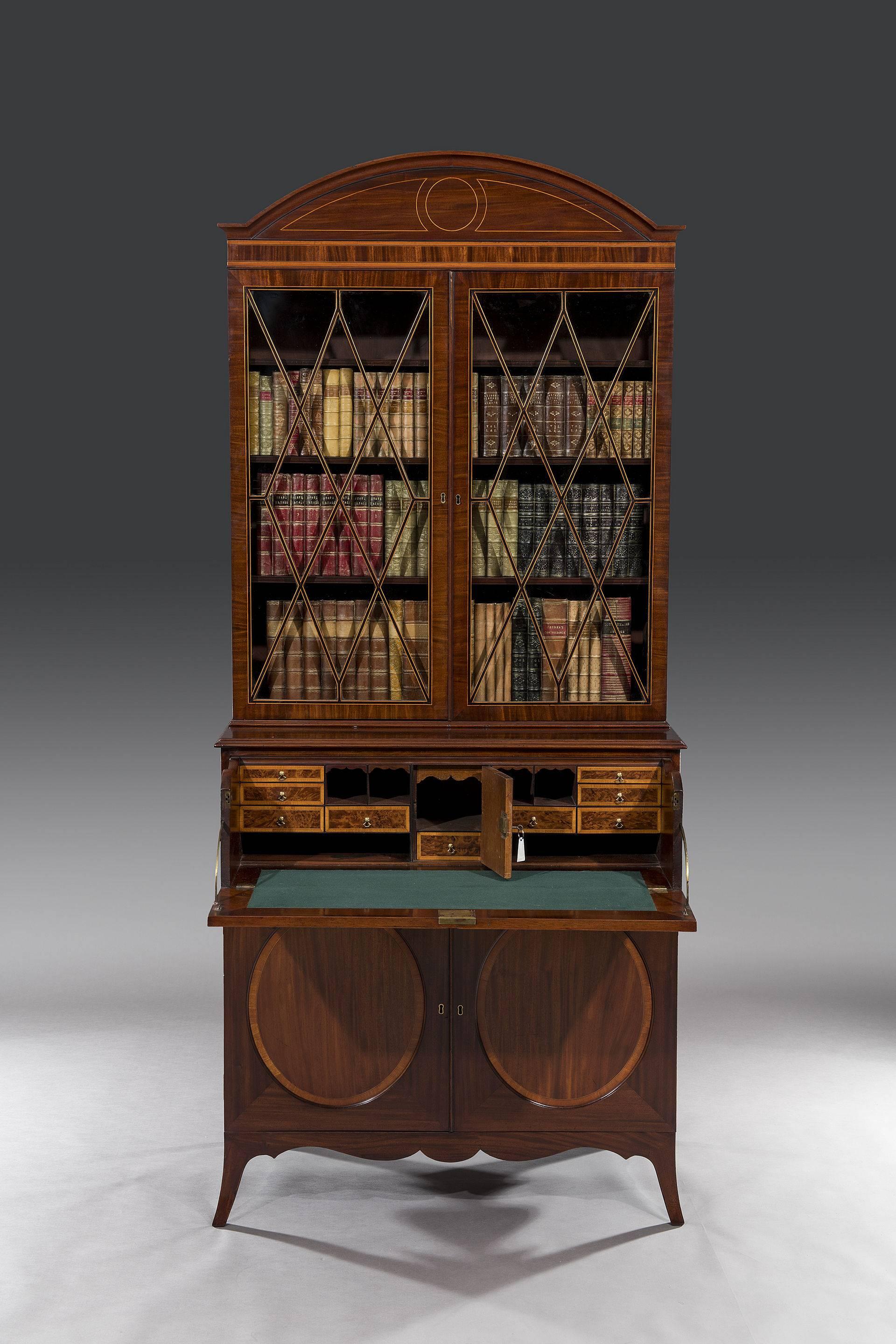 English George III 18th Century Period Mahogany and Satinwood Inlaid Secretaire Bookcase