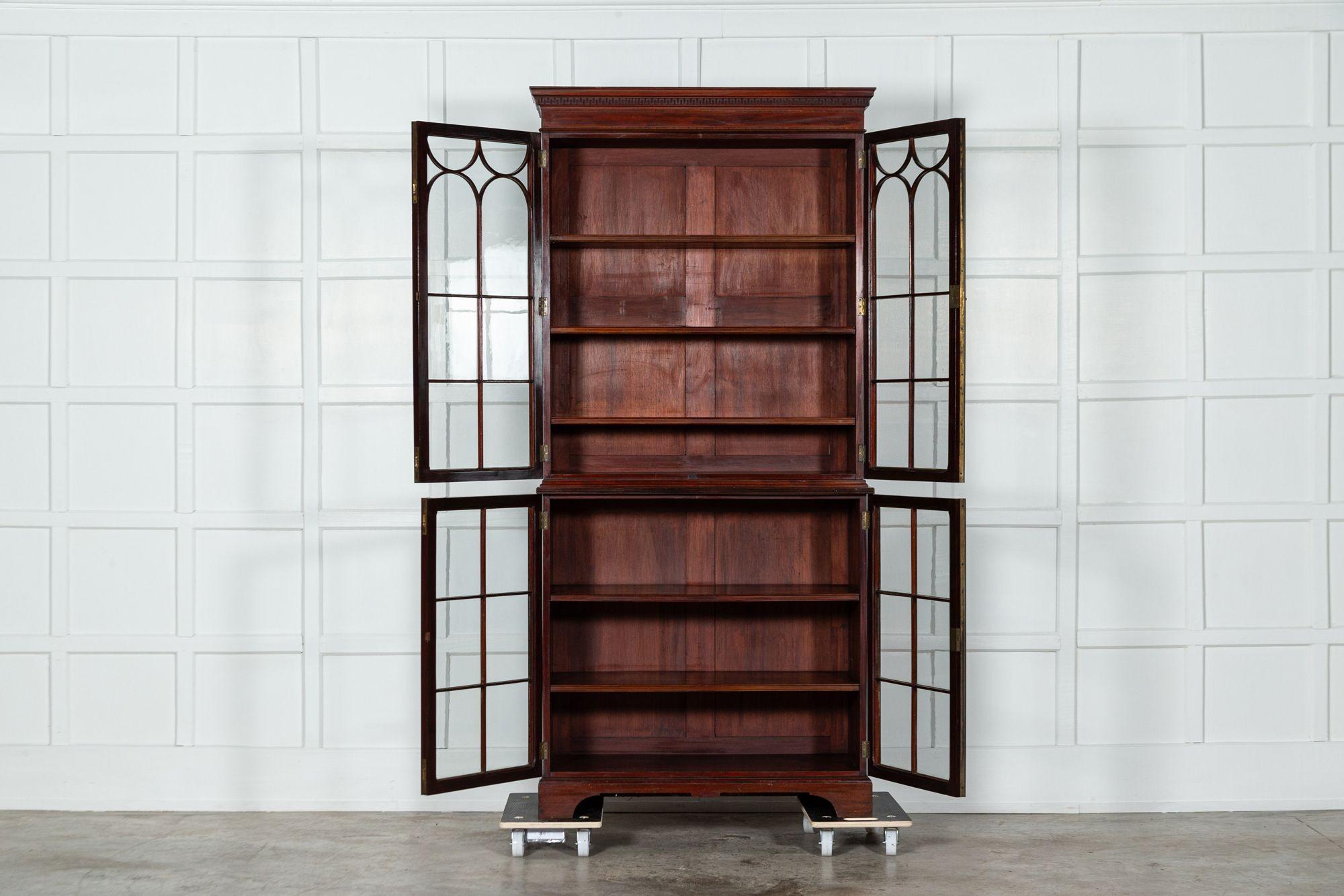 circa 1770
George III 18thC Mahogany Glazed Twin Library Bookcase Cabinet
sku 1597
Base W98 x D46 x H97 cm
Top W101 x D37 x H116 cm
Together W101 x D46 x H213 cm