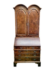 George III 19th C Style Burl Walnut Double Bonnet Secretary Desk Cabinet