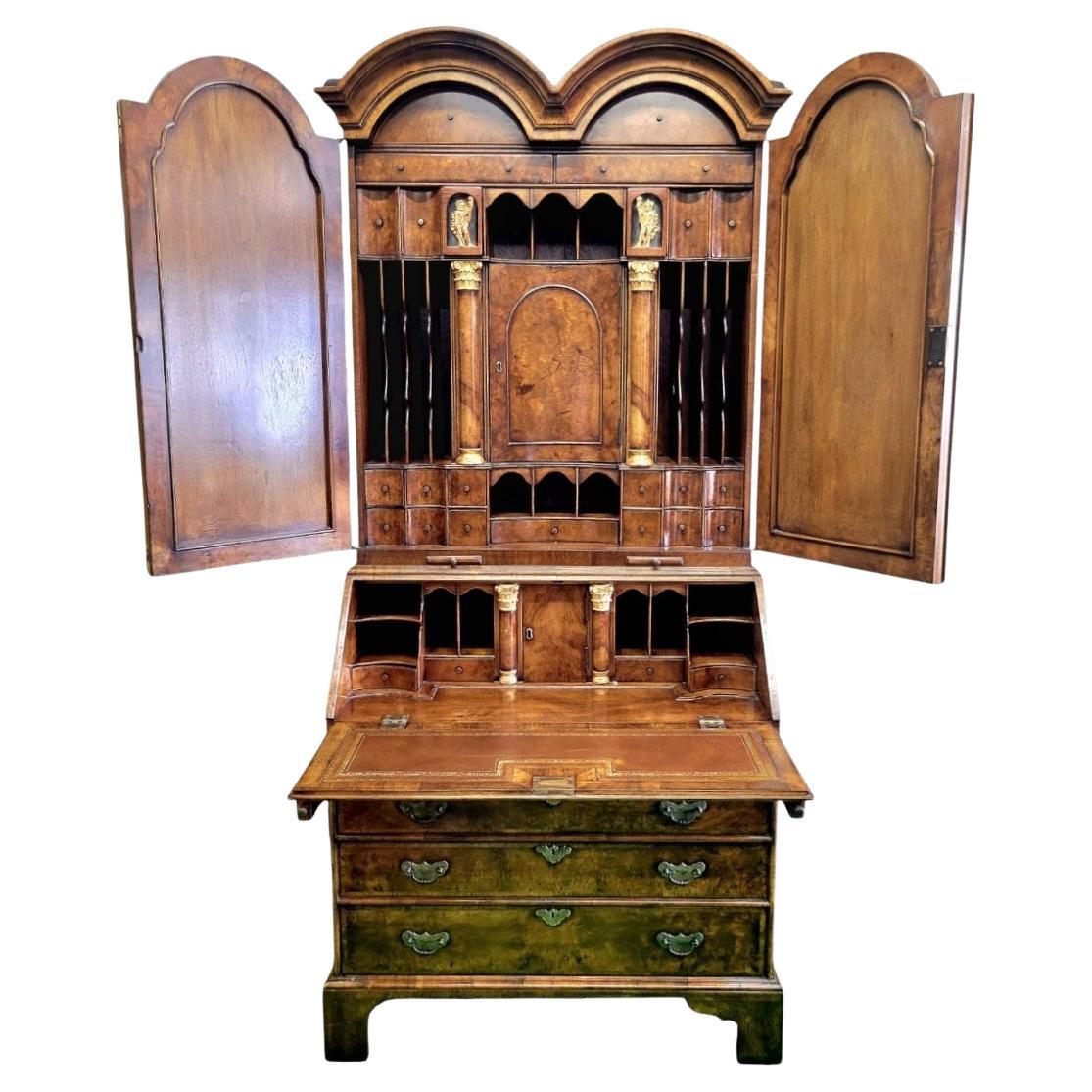 George III 19th C Style Burl Walnut Double Bonnet Secretary Desk Cabinet