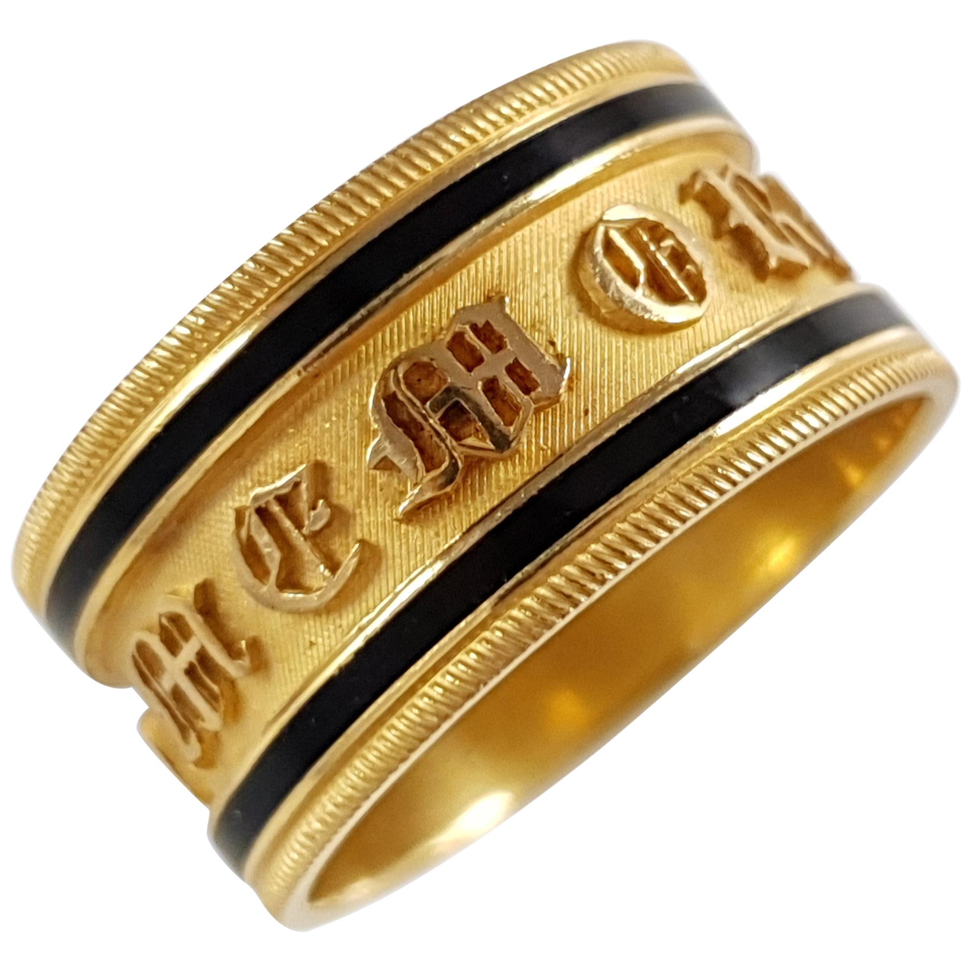 George III 22 Karat Gold and Enamel Memorial Mourning Band Ring, 1813