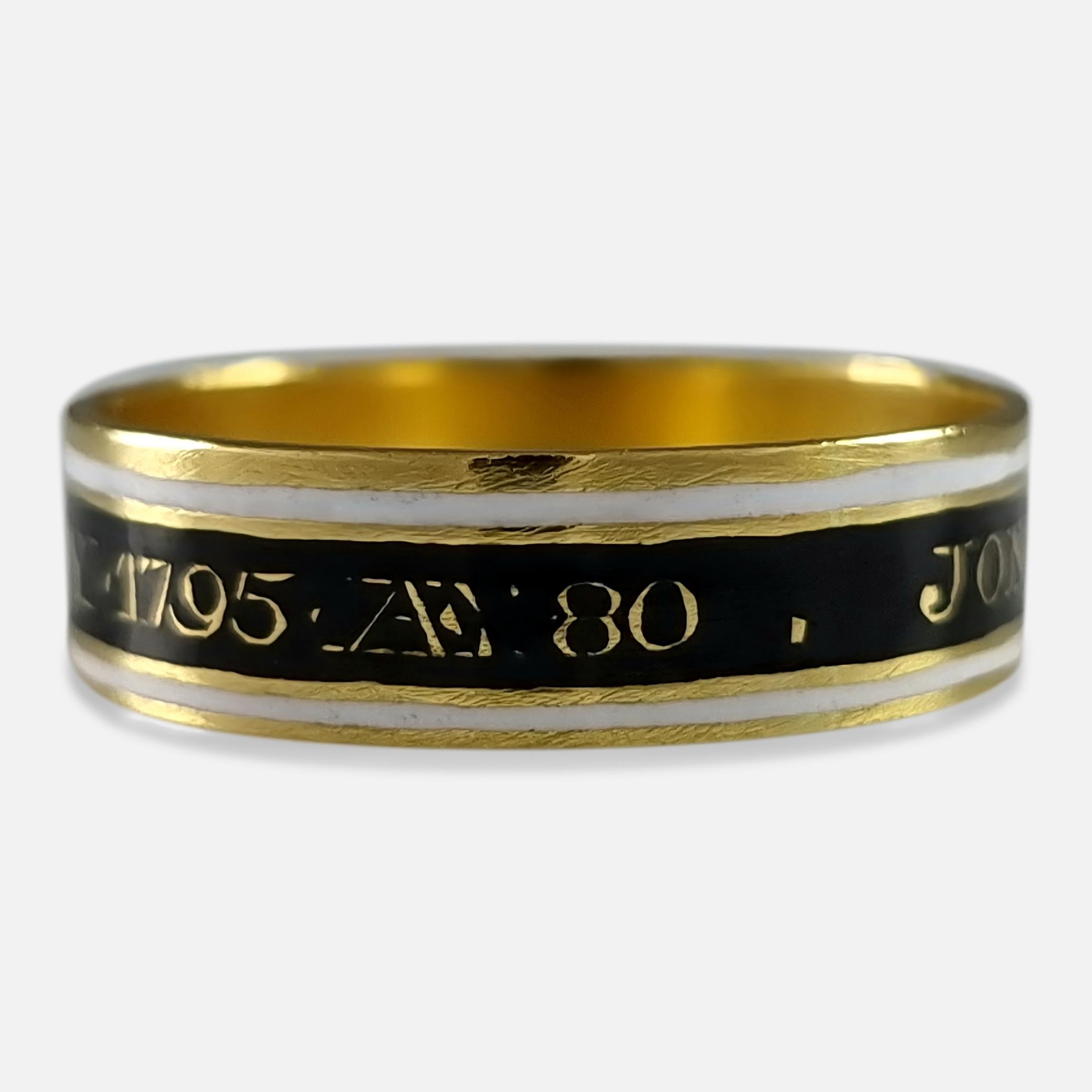 Women's or Men's George III 22ct Gold and Enamel Mourning Ring, 1795 For Sale