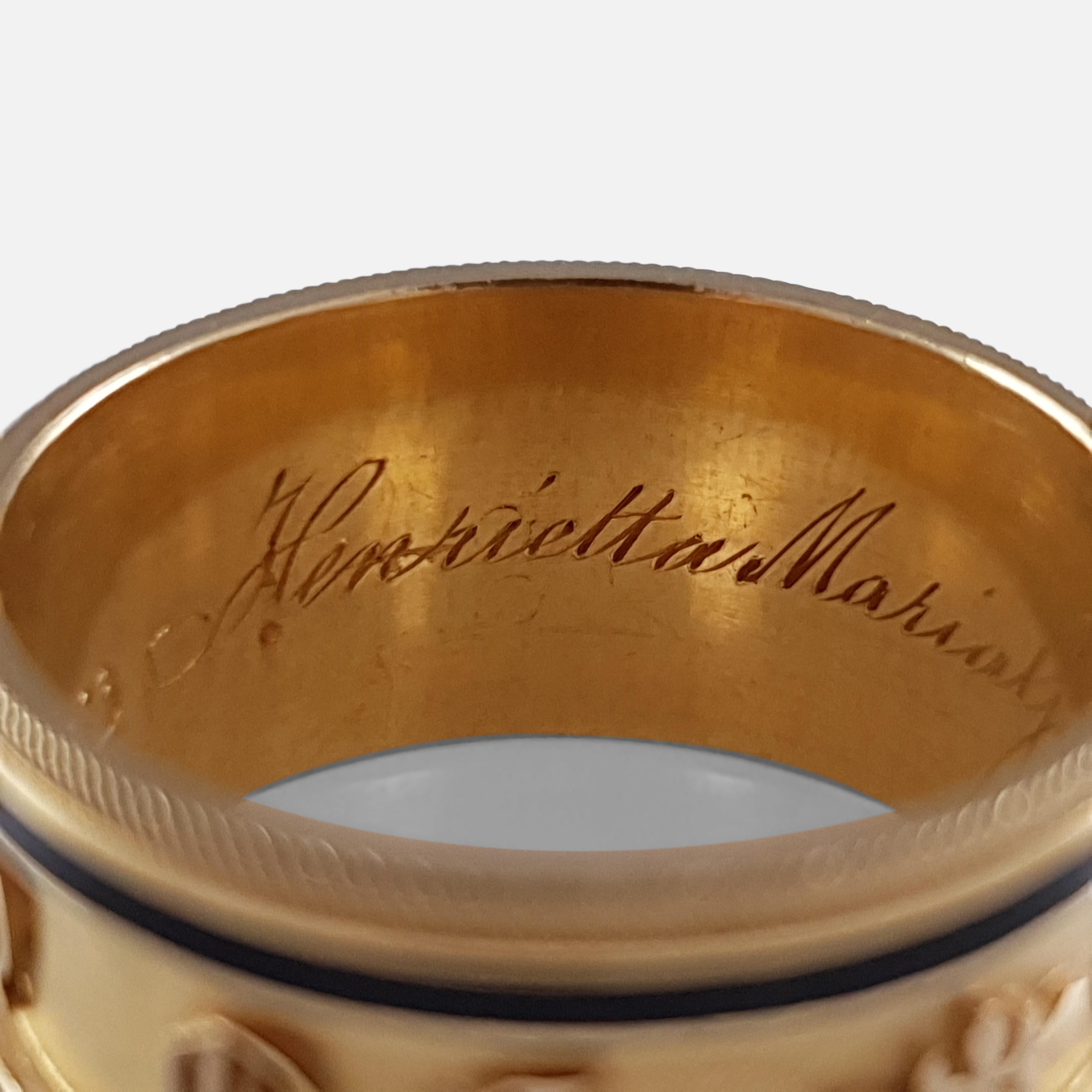 George III 22 Karat Gold and Enamel Memorial Mourning Band Ring, 1813 2