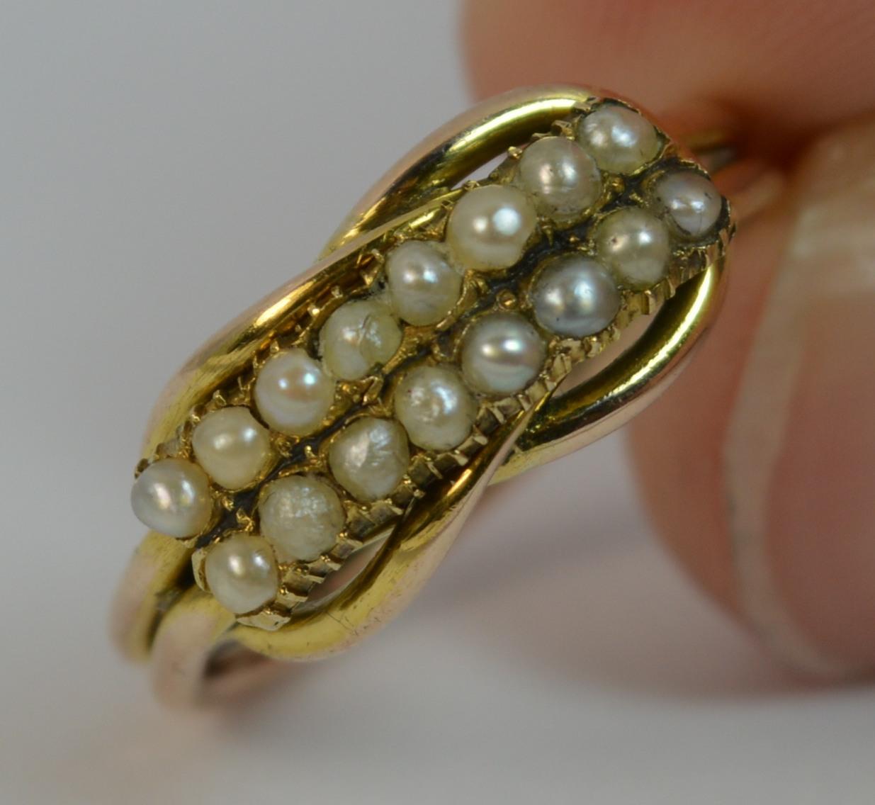 George III 9 Carat Gold Two-Row Pearl Half Eternity Stack Ring with Lovers Knot 8