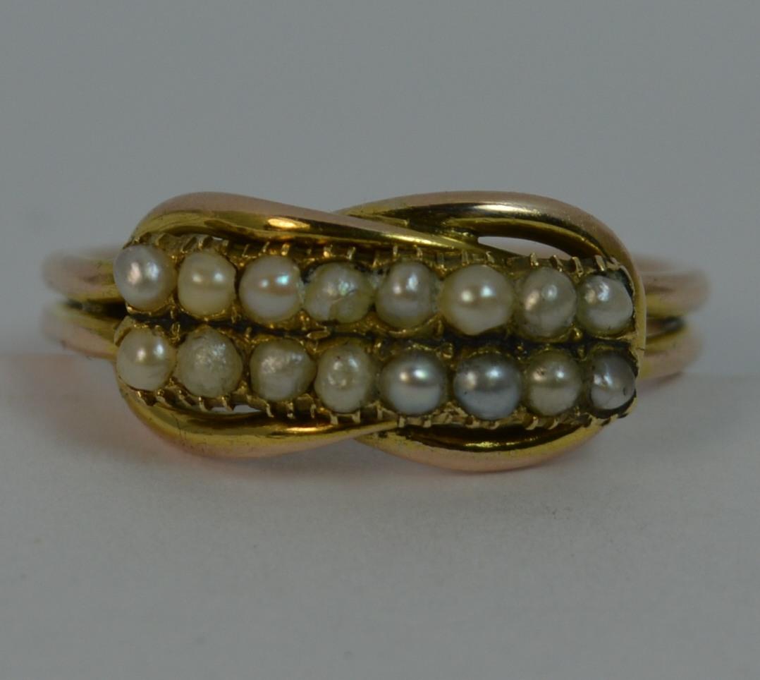 George III 9 Carat Gold Two-Row Pearl Half Eternity Stack Ring with Lovers Knot 9